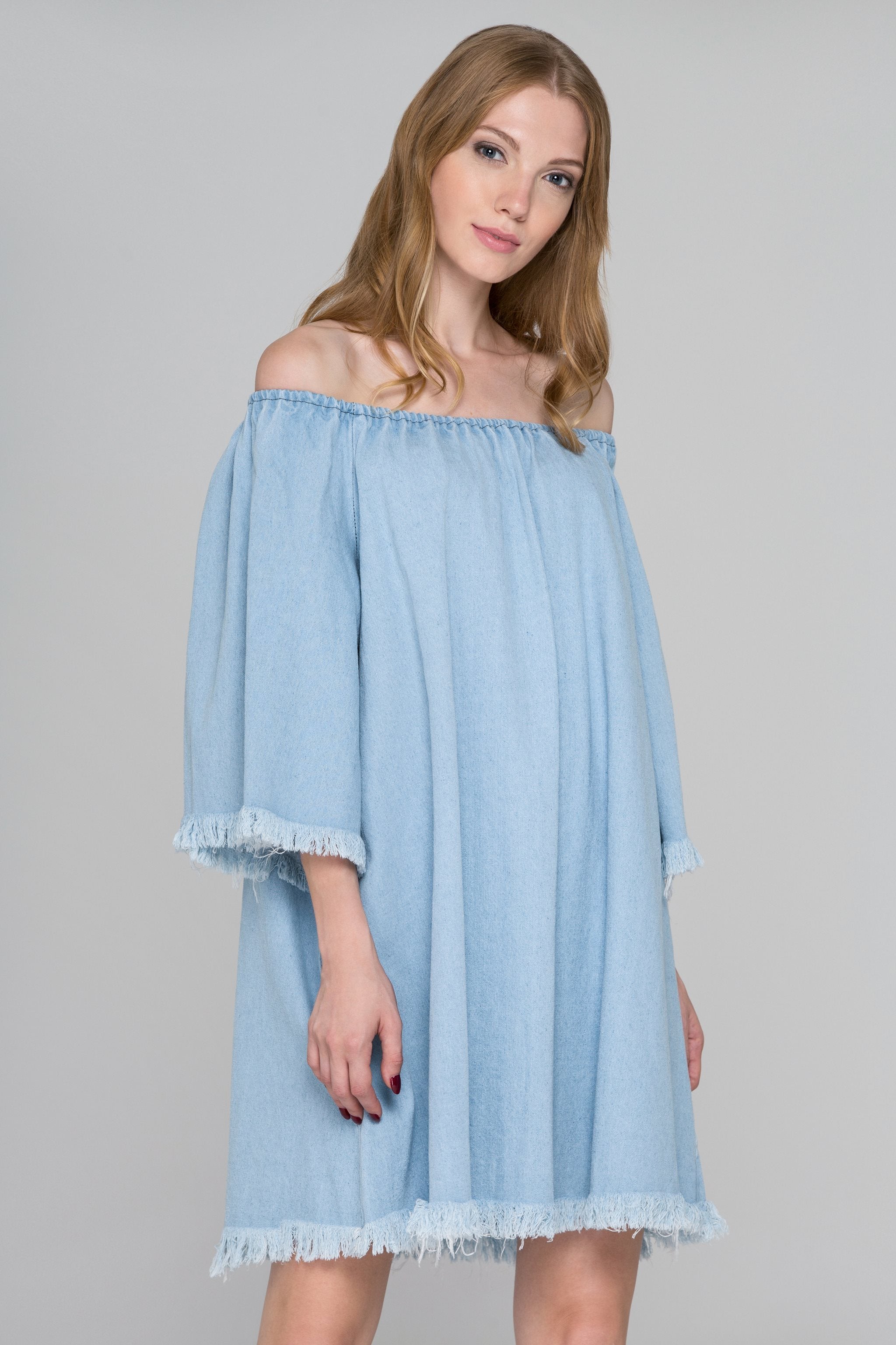 Light Blue Denim Bell Sleeve Mini Dress - ownthelooks-Development