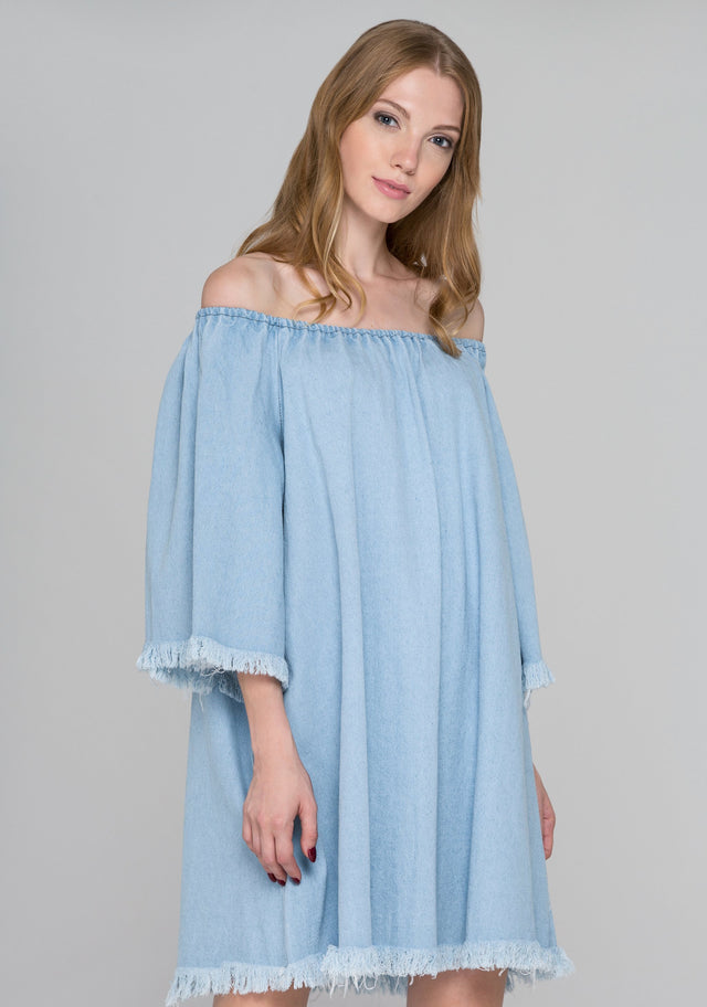 Light Blue Denim Bell Sleeve Mini Dress - ownthelooks-Development