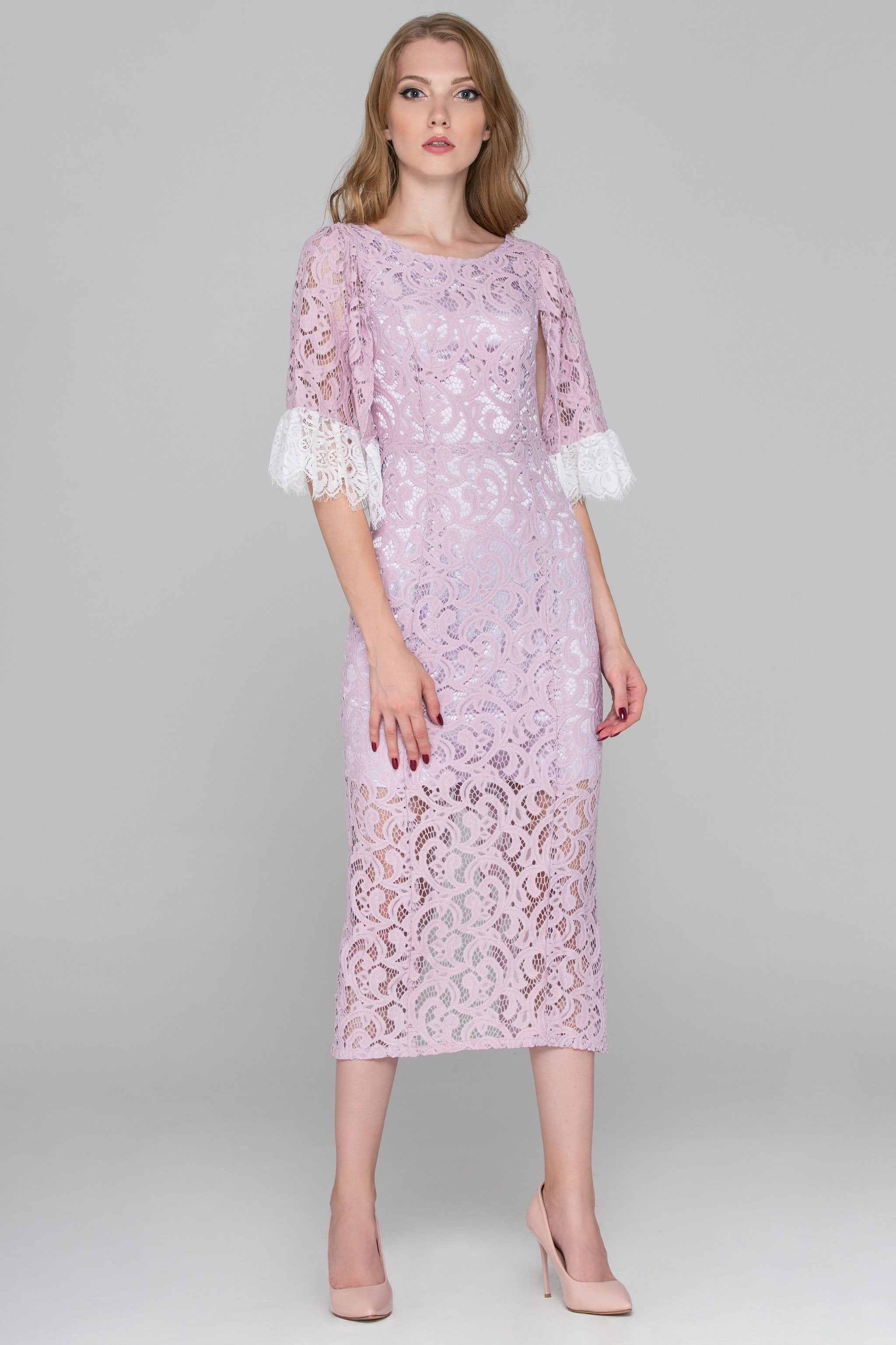 Lilac Lace Sleeved Midi Dress - ownthelooks-Development