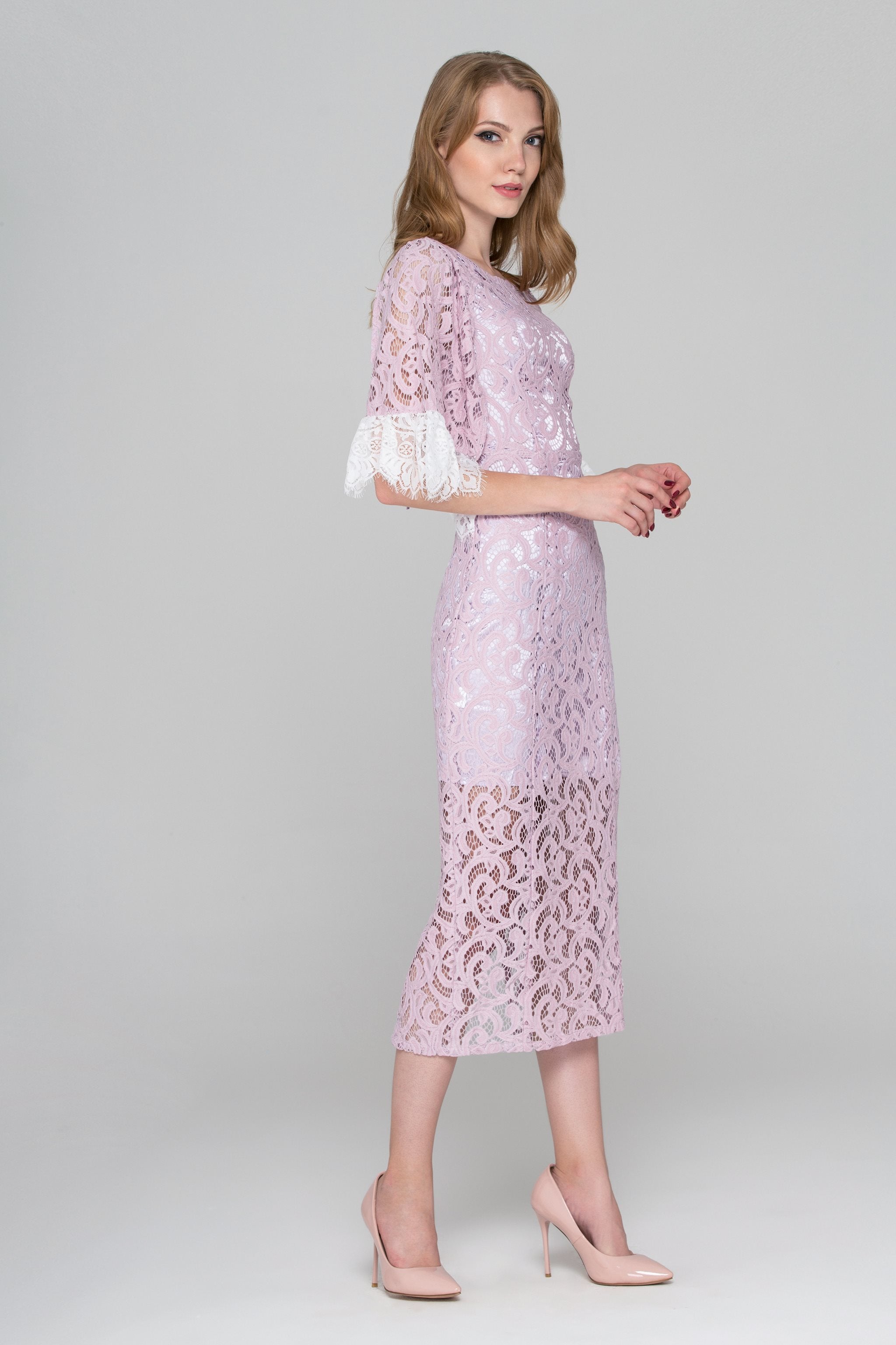 Lilac Lace Sleeved Midi Dress - ownthelooks-Development