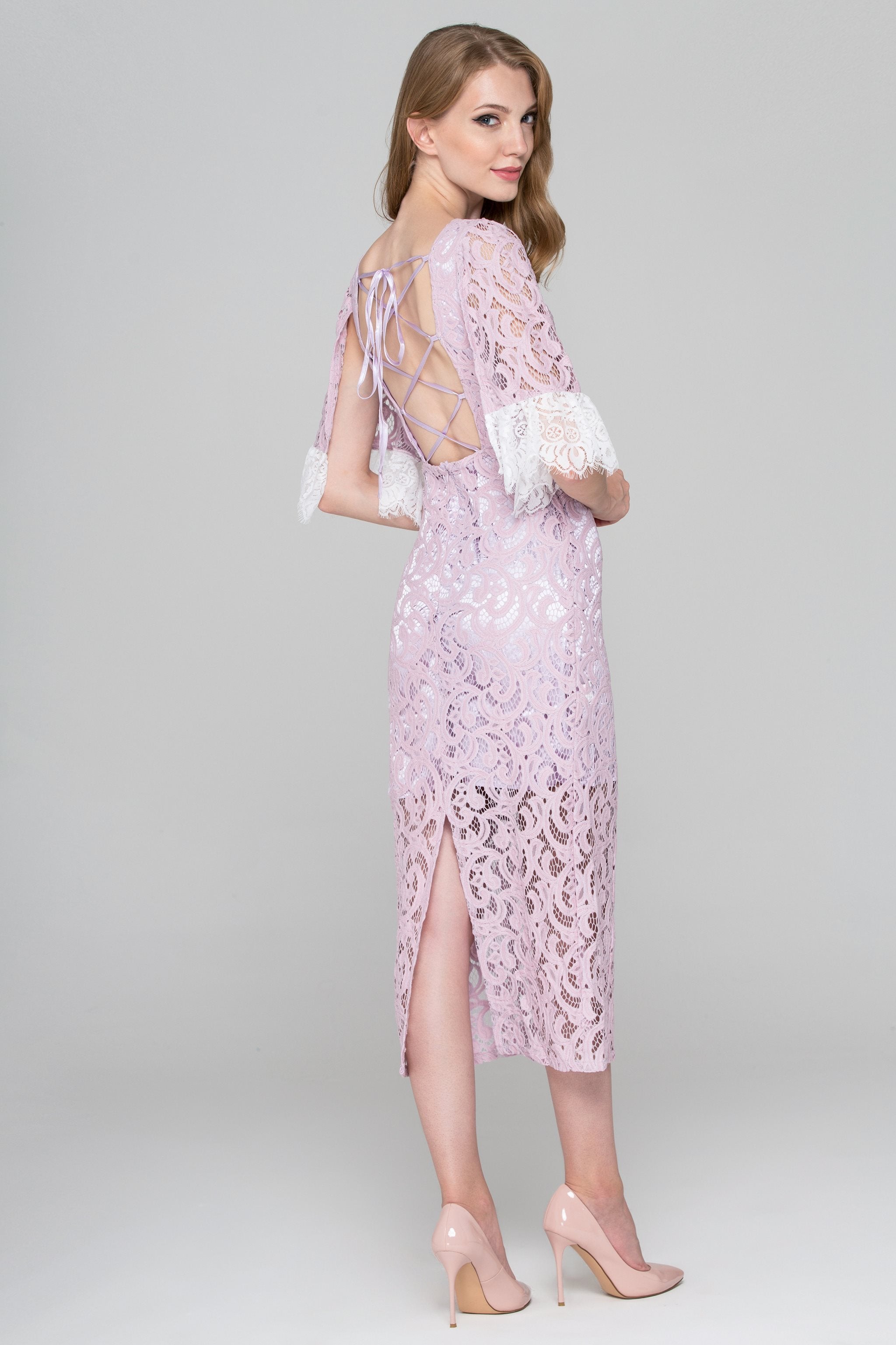 Lilac Lace Sleeved Midi Dress - ownthelooks-Development