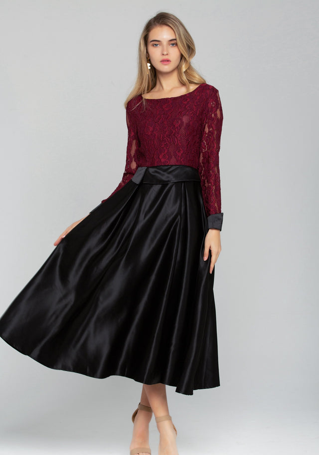 Maroon Lace Top with Black Maxi Skirt Dress - ownthelooks-Development