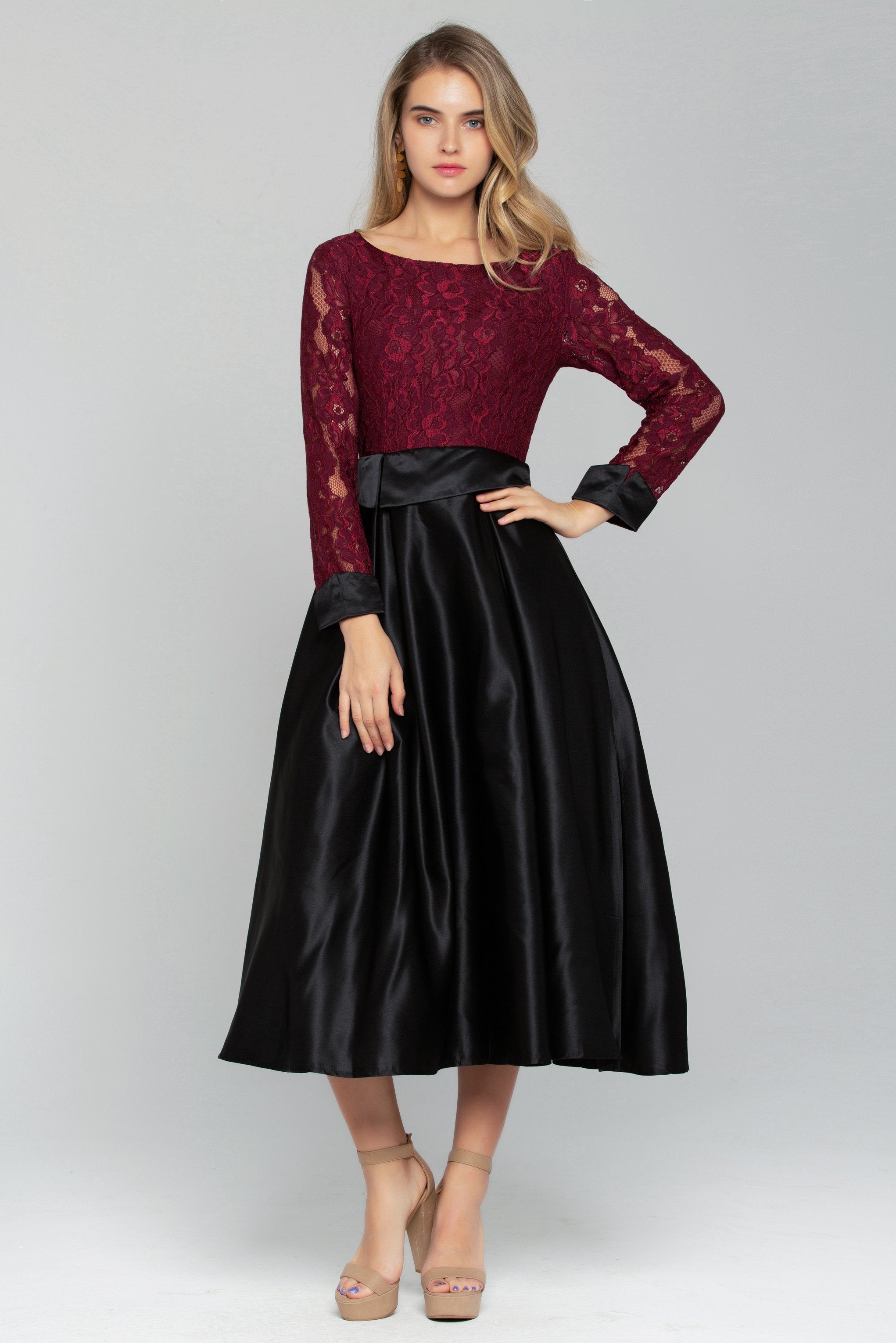 Maroon Lace Top with Black Maxi Skirt Dress - ownthelooks-Development