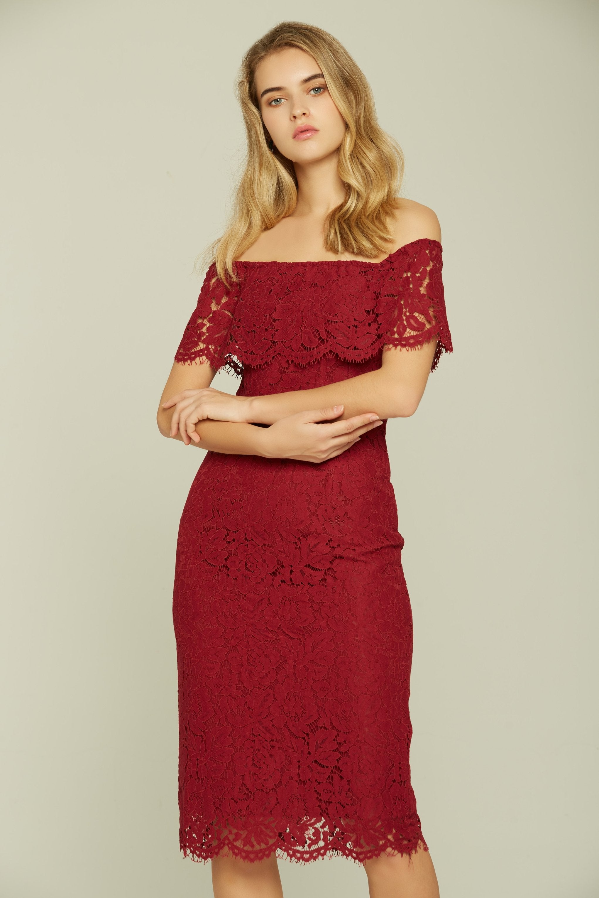 Maroon Off the Shoulder Lace Dress - ownthelooks-Development