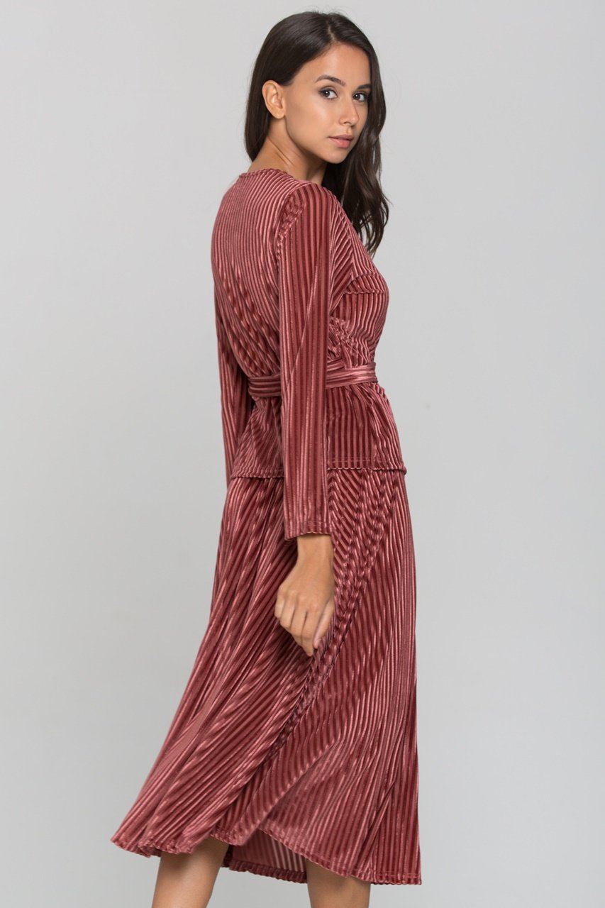 Maroon Velvet Chord Two Piece Midi Dress - ownthelooks-Development
