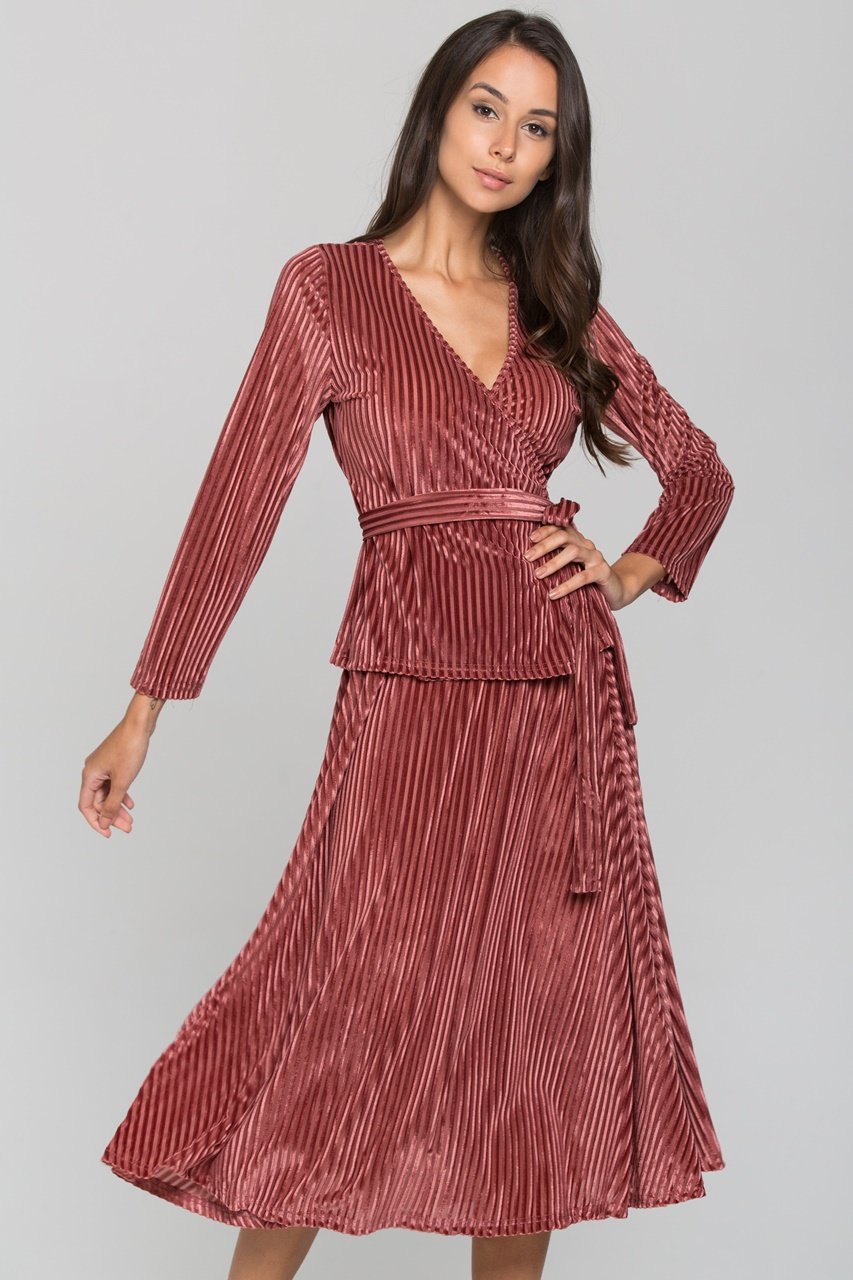 Maroon Velvet Chord Two Piece Midi Dress - ownthelooks-Development