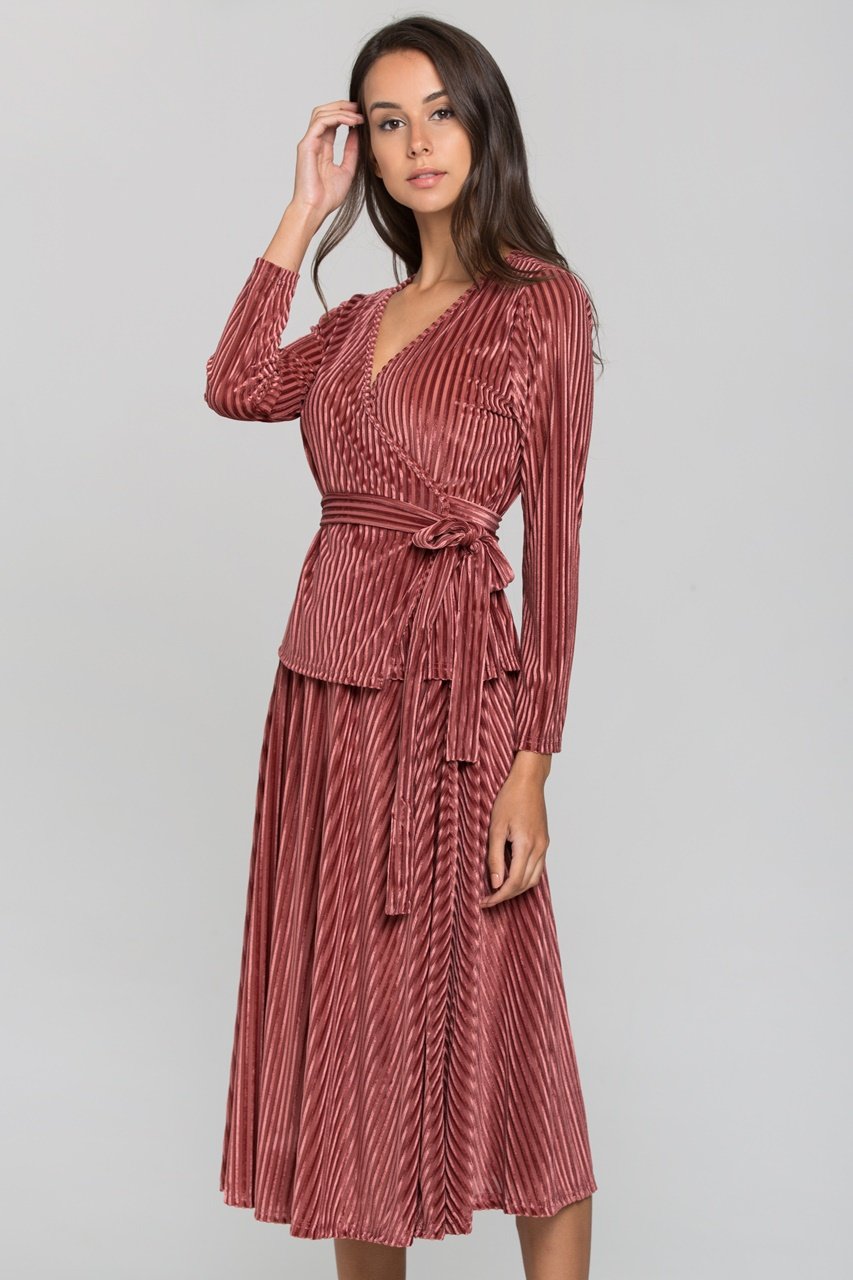 Maroon Velvet Chord Two Piece Midi Dress - ownthelooks-Development