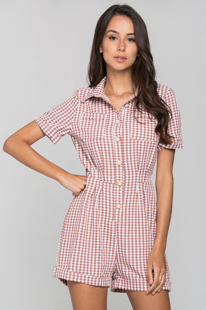 Mauve Gingham Button Up Playsuit - ownthelooks-Development