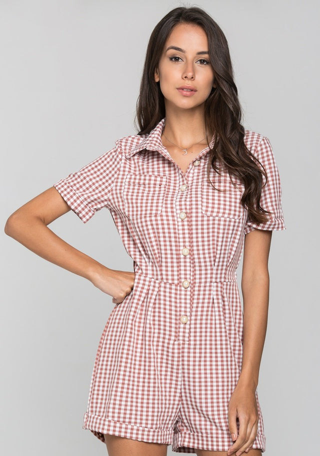 Mauve Gingham Button Up Playsuit - ownthelooks-Development