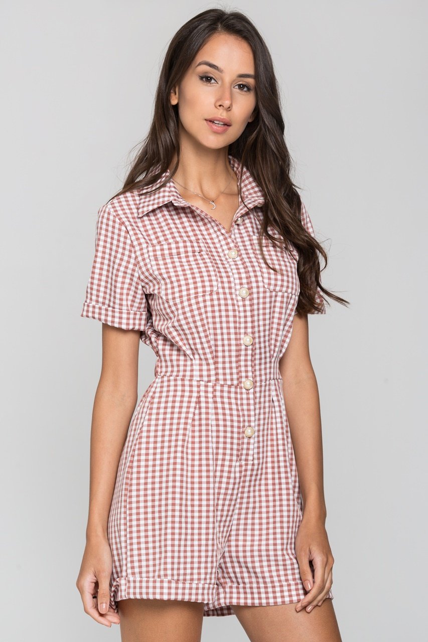 Mauve Gingham Button Up Playsuit - ownthelooks-Development