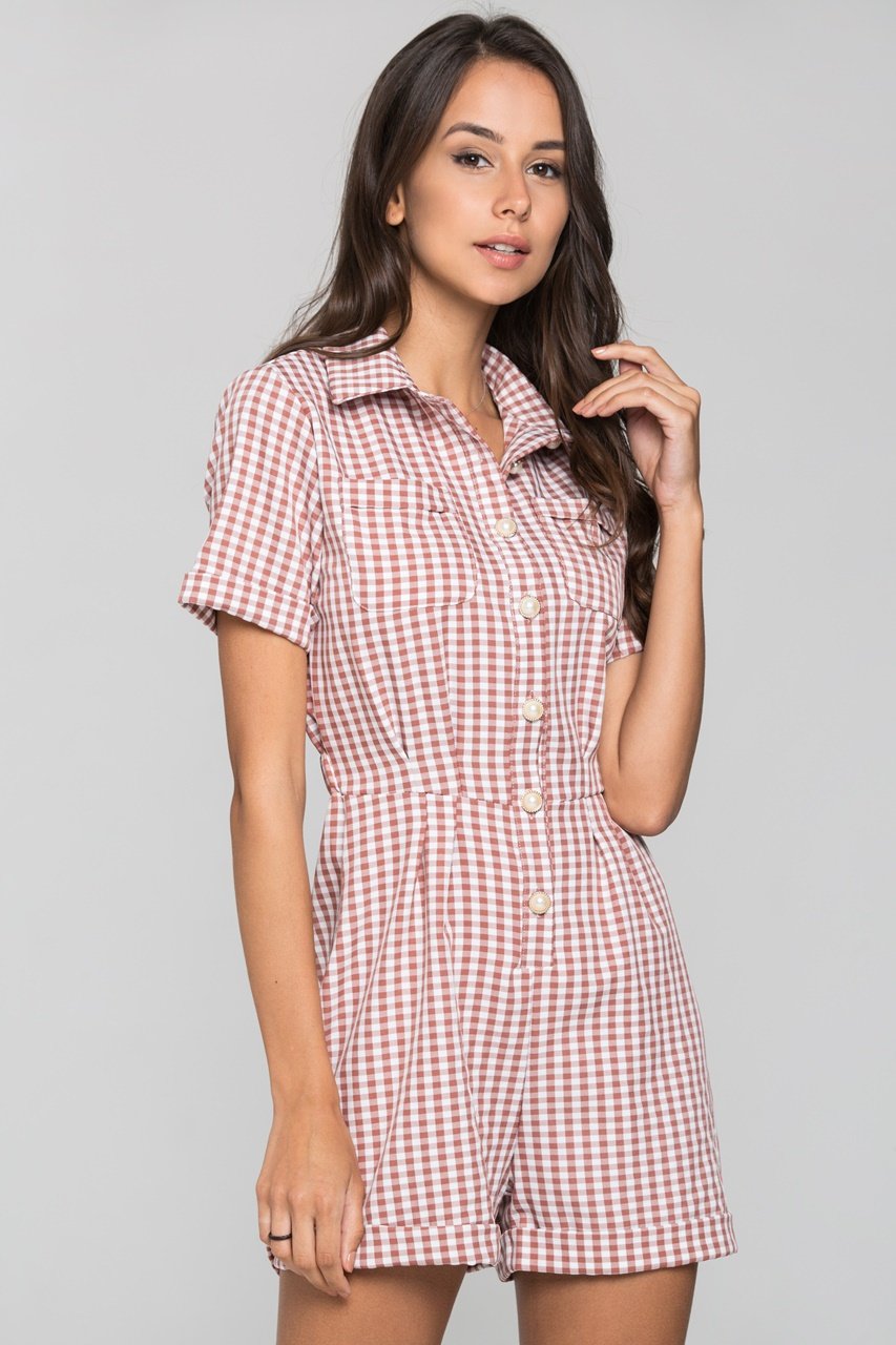 Mauve Gingham Button Up Playsuit - ownthelooks-Development