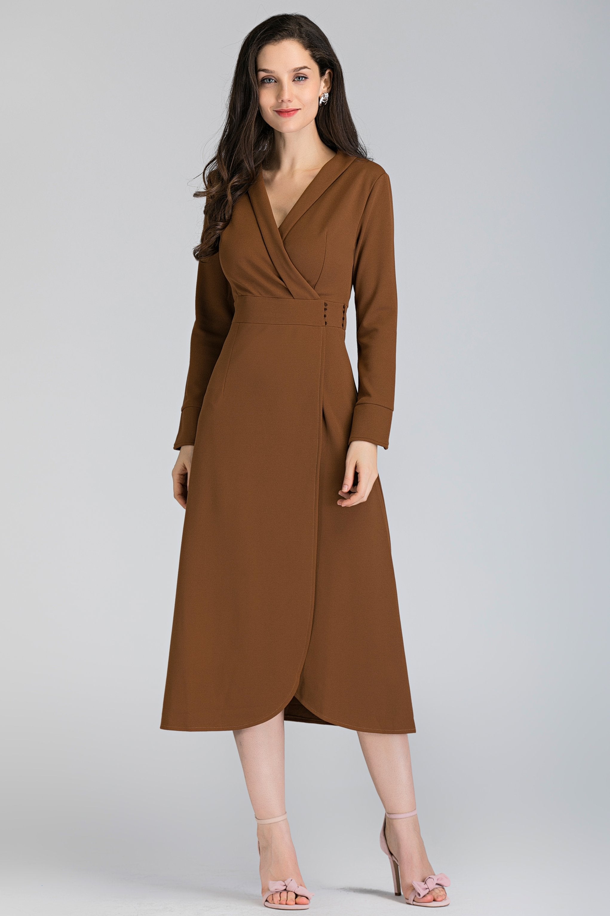 Mocha Long Sleeves Side Lace Tassel Midi Dress - ownthelooks-Development