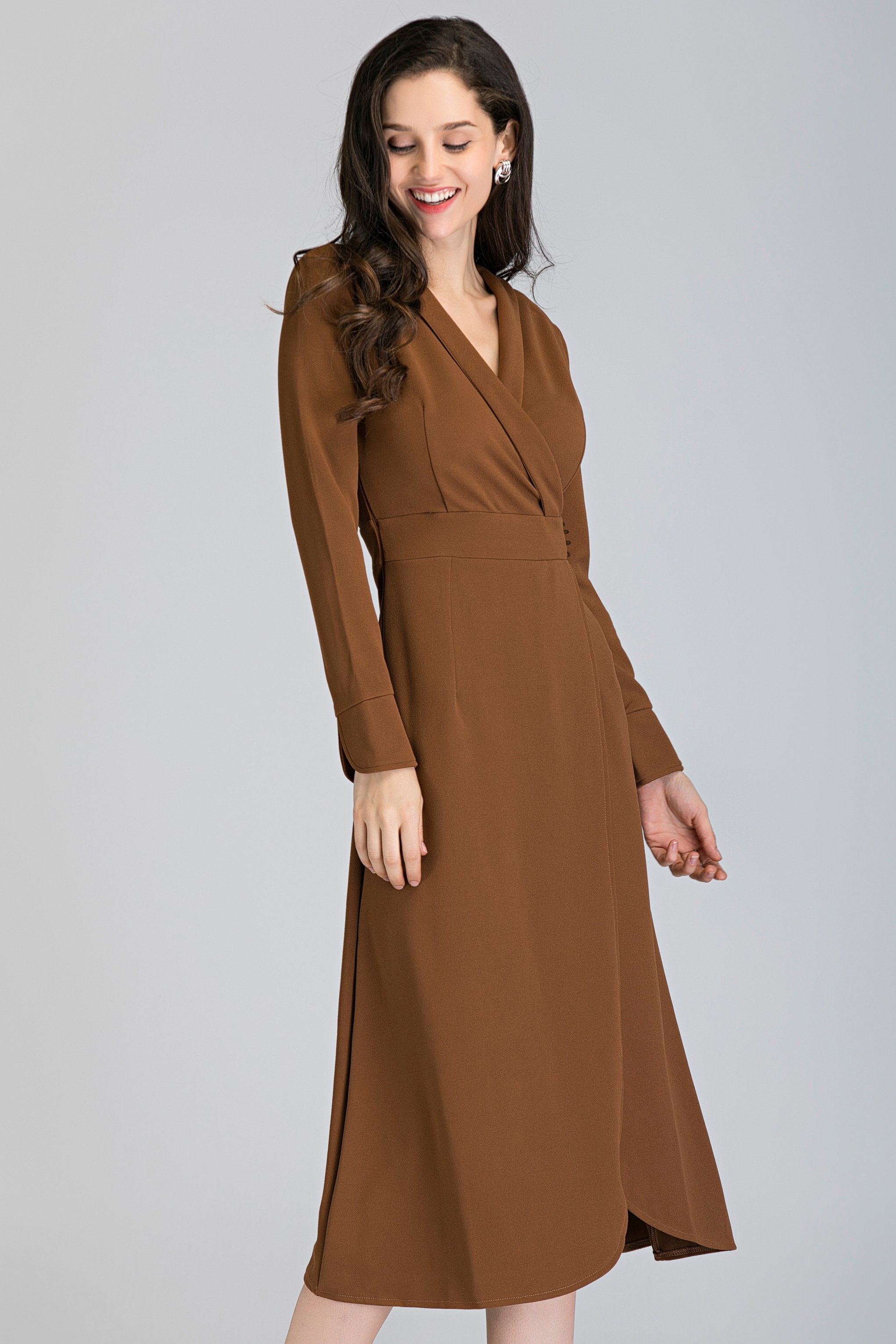 Mocha Long Sleeves Side Lace Tassel Midi Dress - ownthelooks-Development