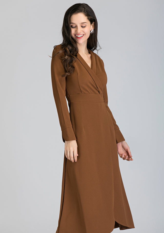 Mocha Long Sleeves Side Lace Tassel Midi Dress - ownthelooks-Development