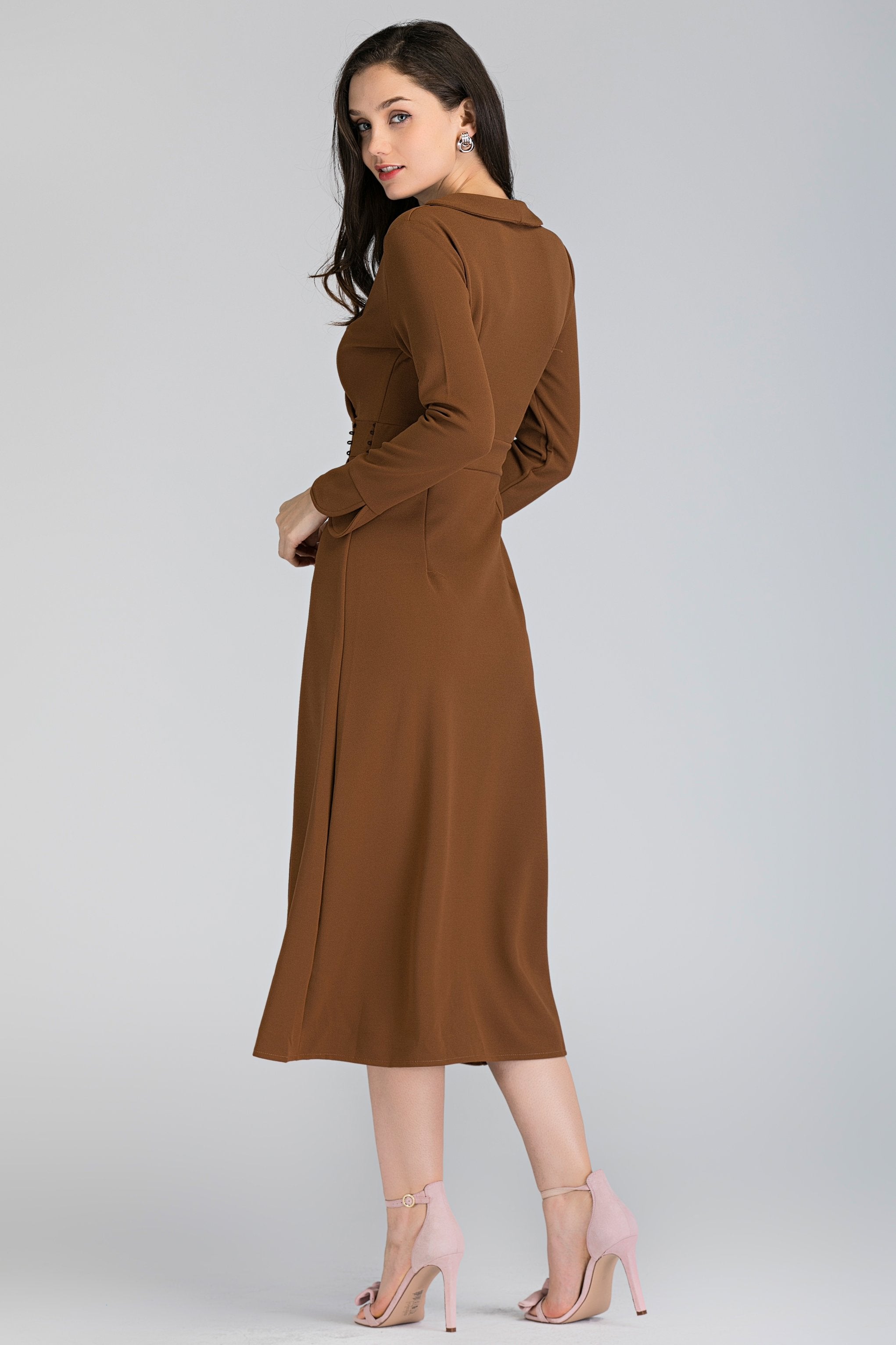 Mocha Long Sleeves Side Lace Tassel Midi Dress - ownthelooks-Development