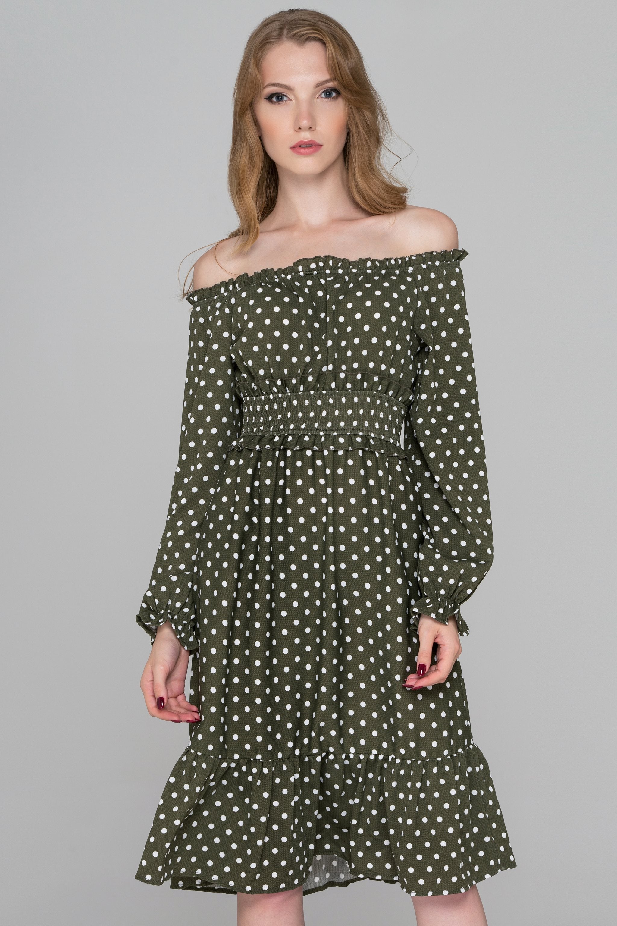 Moss Green Flounced Hem Polka Dot Midi Dress - ownthelooks-Development