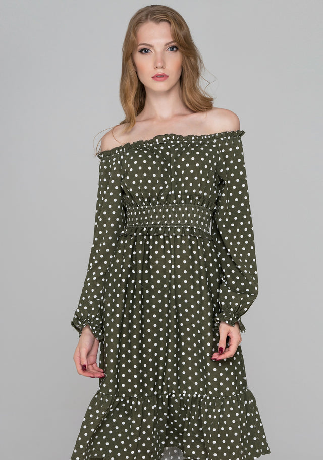 Moss Green Flounced Hem Polka Dot Midi Dress - ownthelooks-Development