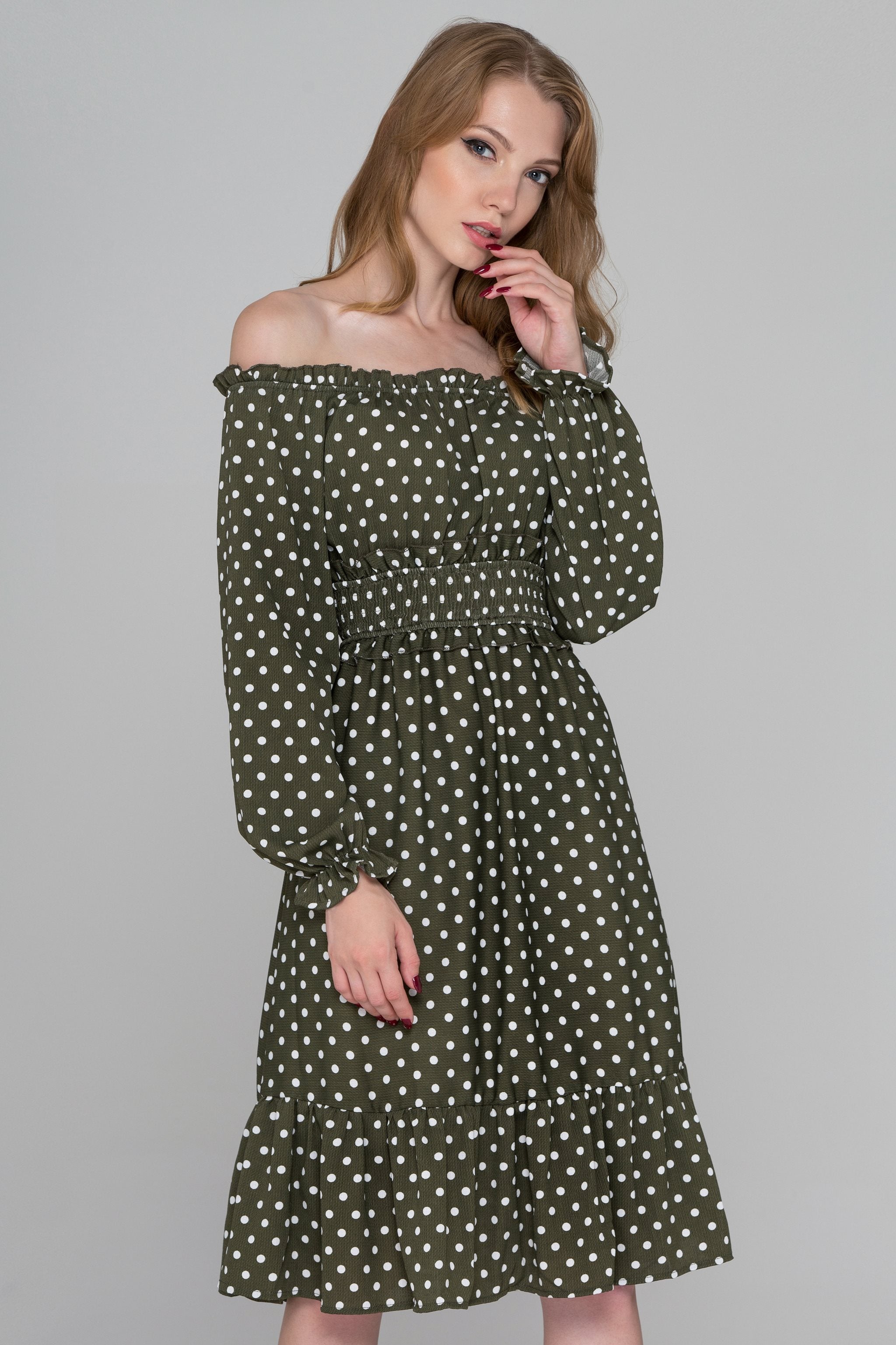 Moss Green Flounced Hem Polka Dot Midi Dress - ownthelooks-Development