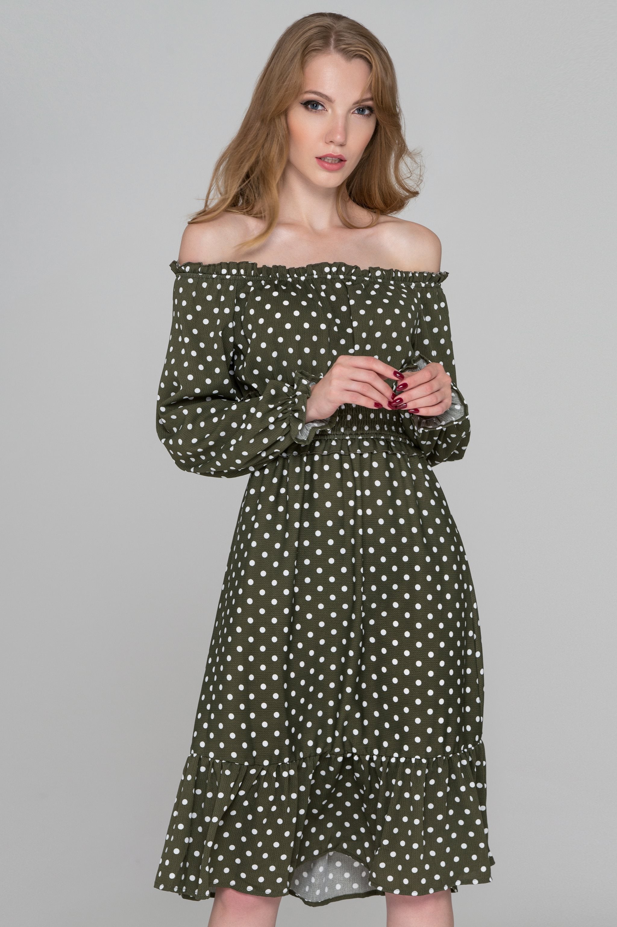 Moss Green Flounced Hem Polka Dot Midi Dress - ownthelooks-Development