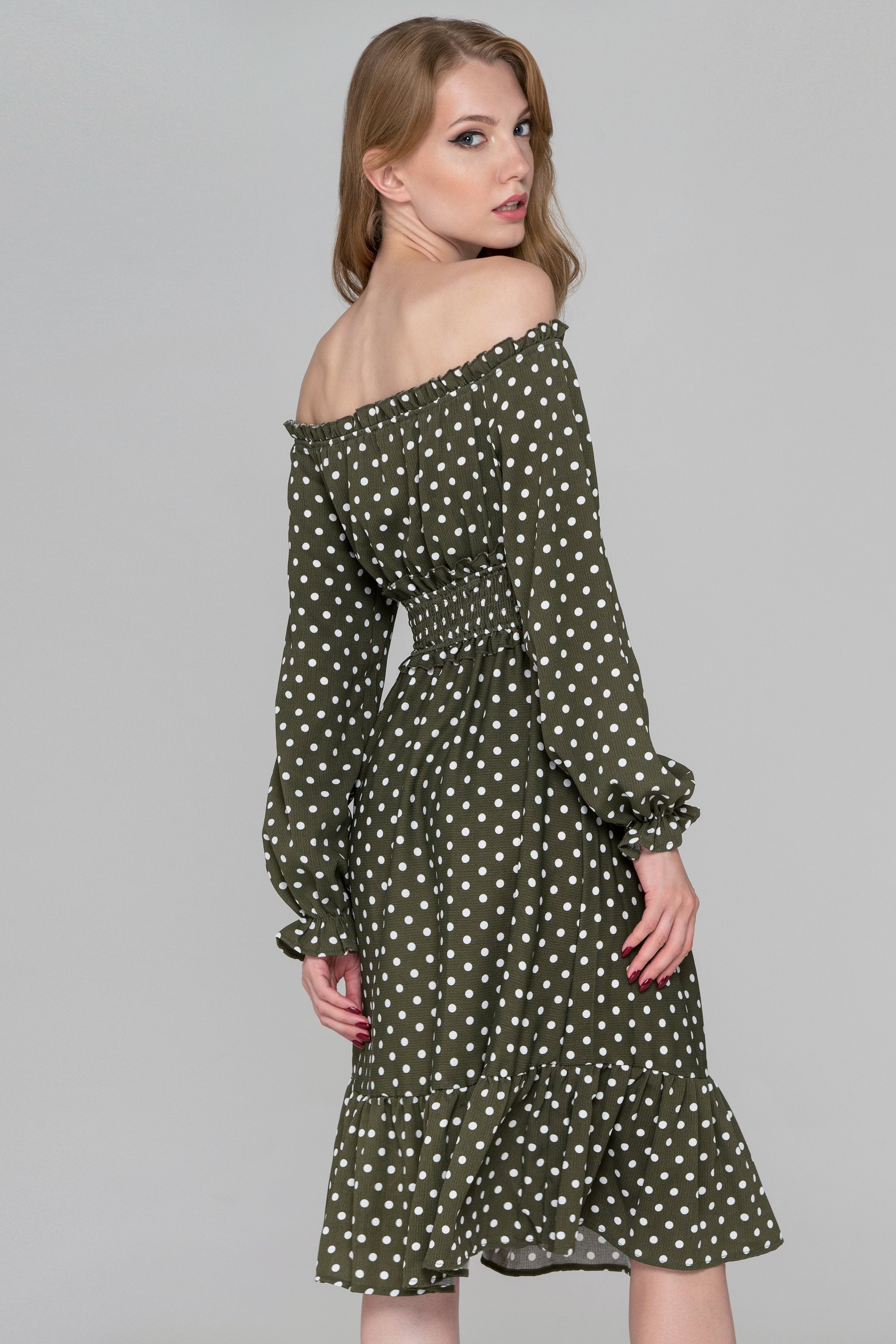 Moss Green Flounced Hem Polka Dot Midi Dress - ownthelooks-Development
