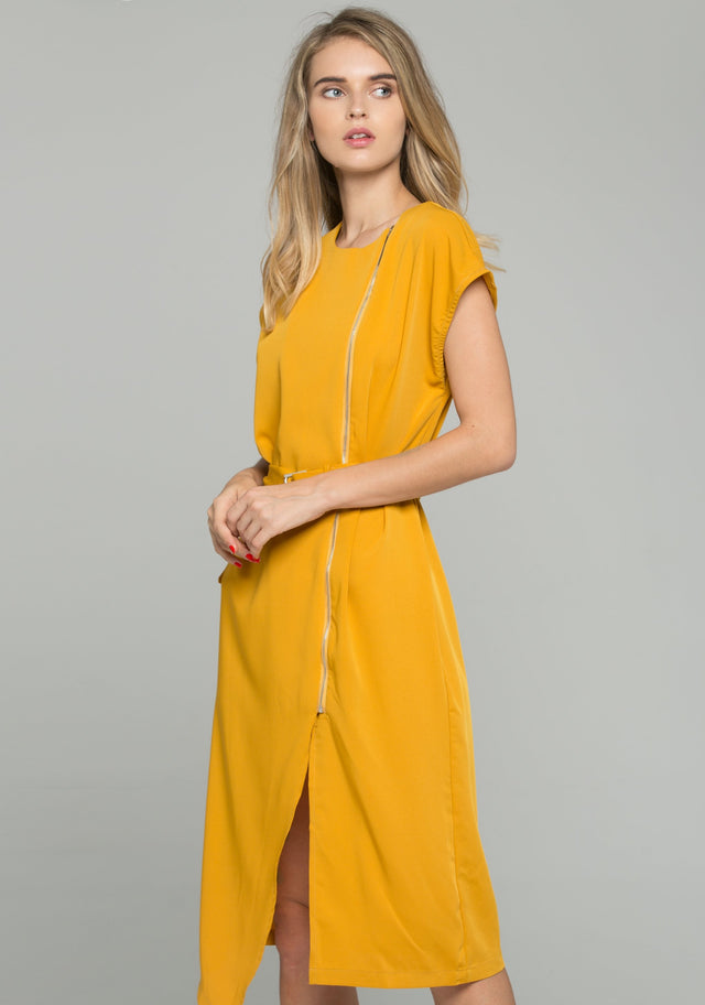 Mustard Cotton Zipper Turn Down Collar Shift Belted Dress Shirt - ownthelooks-Development