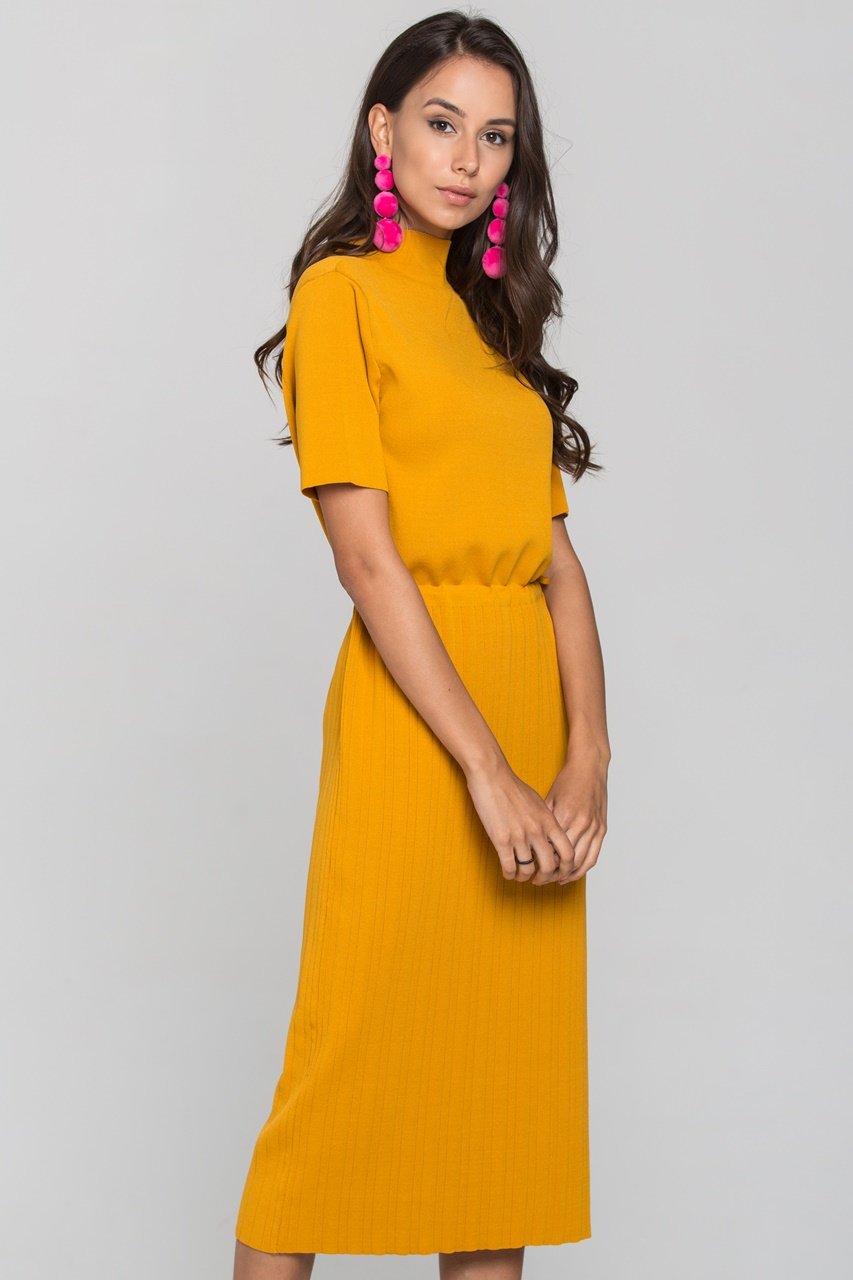 Mustard Ribbed Skirt Drop Shoulder - ownthelooks-Development