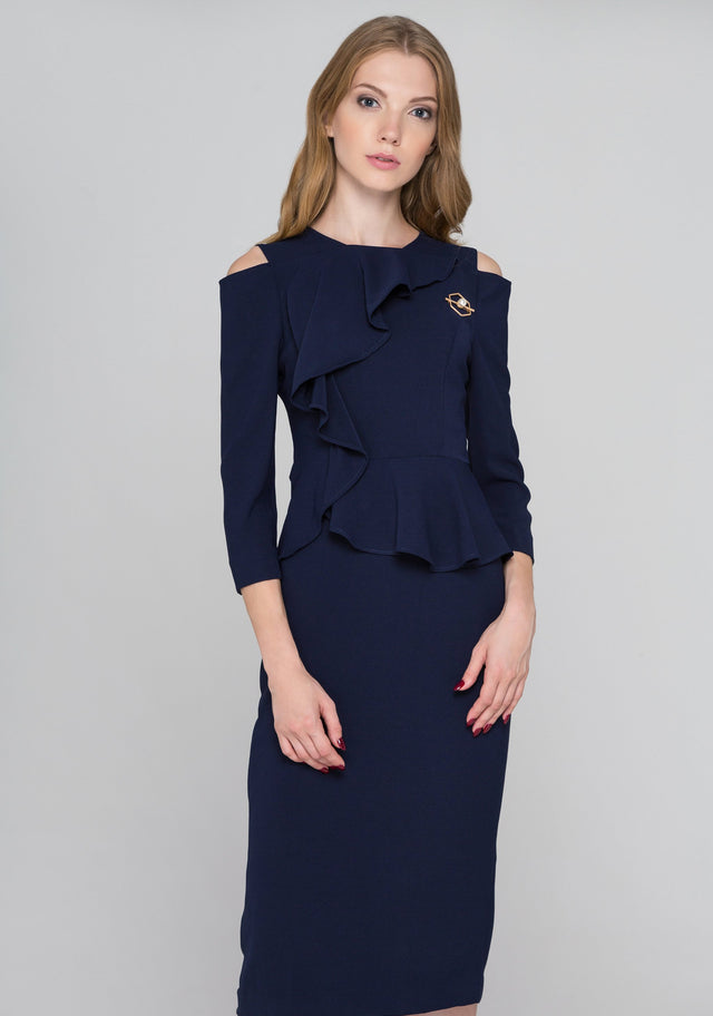 Navy Blue Cold Shoulder Cascade Ruffle Peplum Midi Dress - ownthelooks-Development