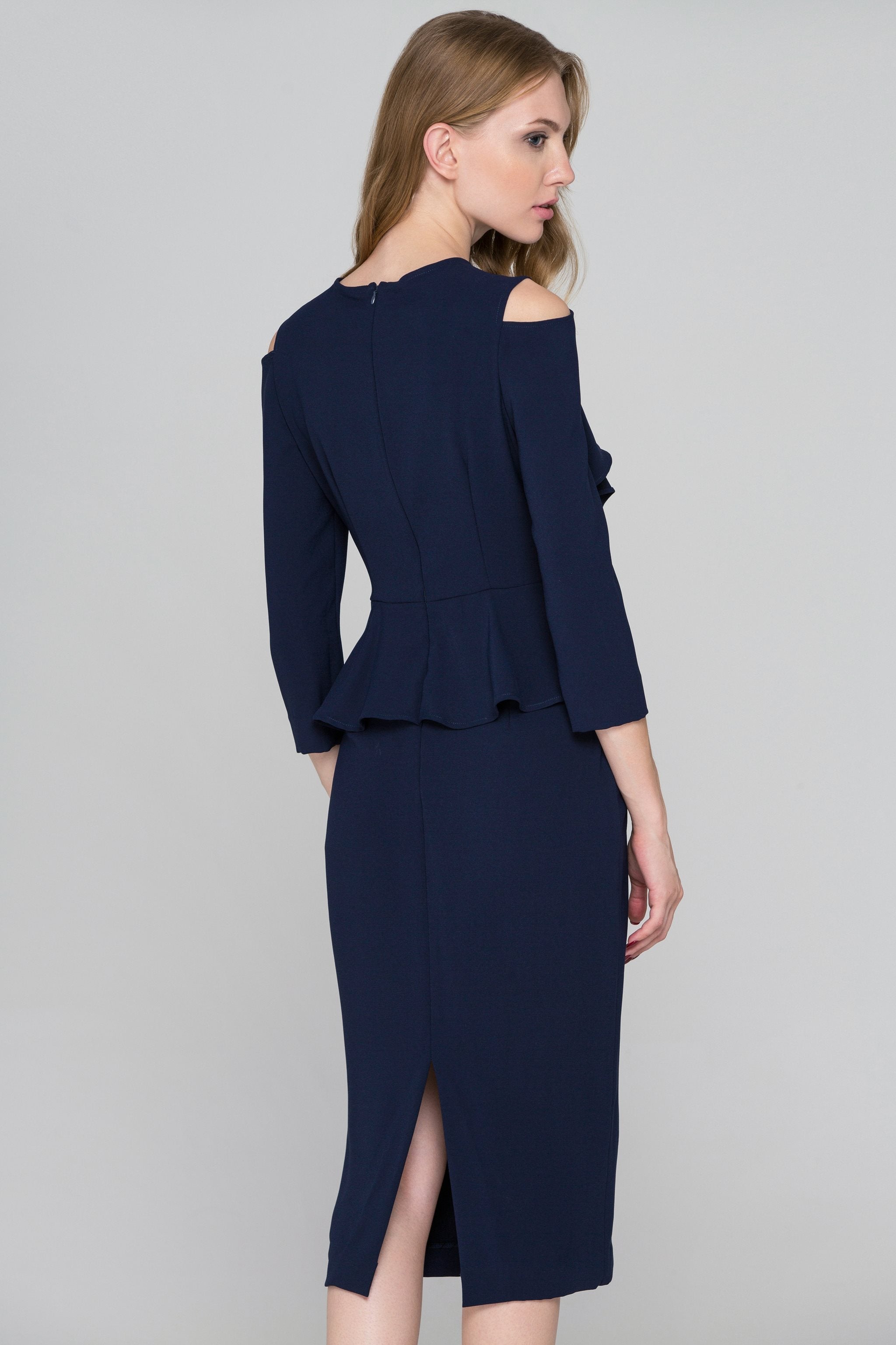 Navy Blue Cold Shoulder Cascade Ruffle Peplum Midi Dress - ownthelooks-Development