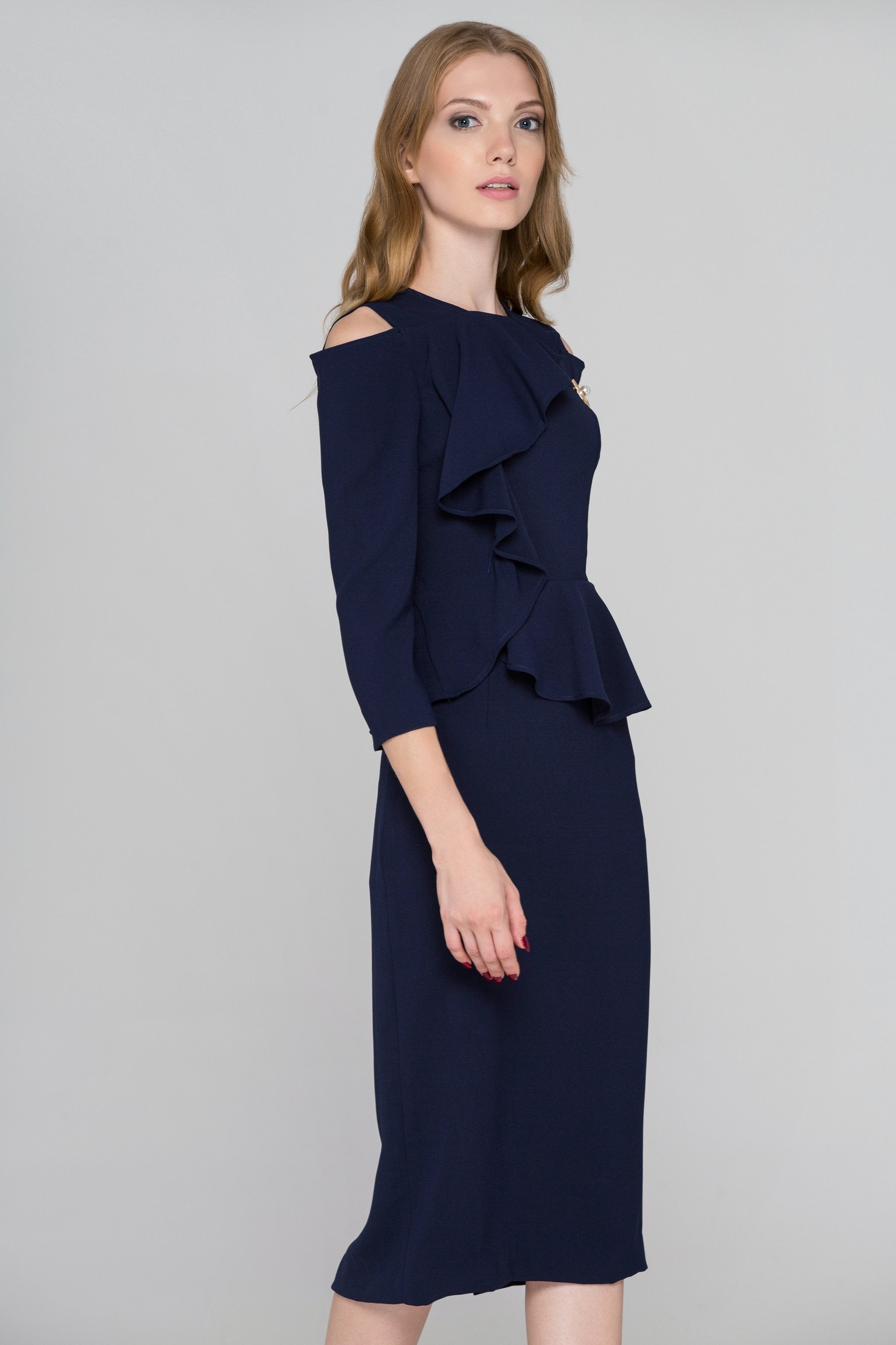 Navy Blue Cold Shoulder Cascade Ruffle Peplum Midi Dress - ownthelooks-Development
