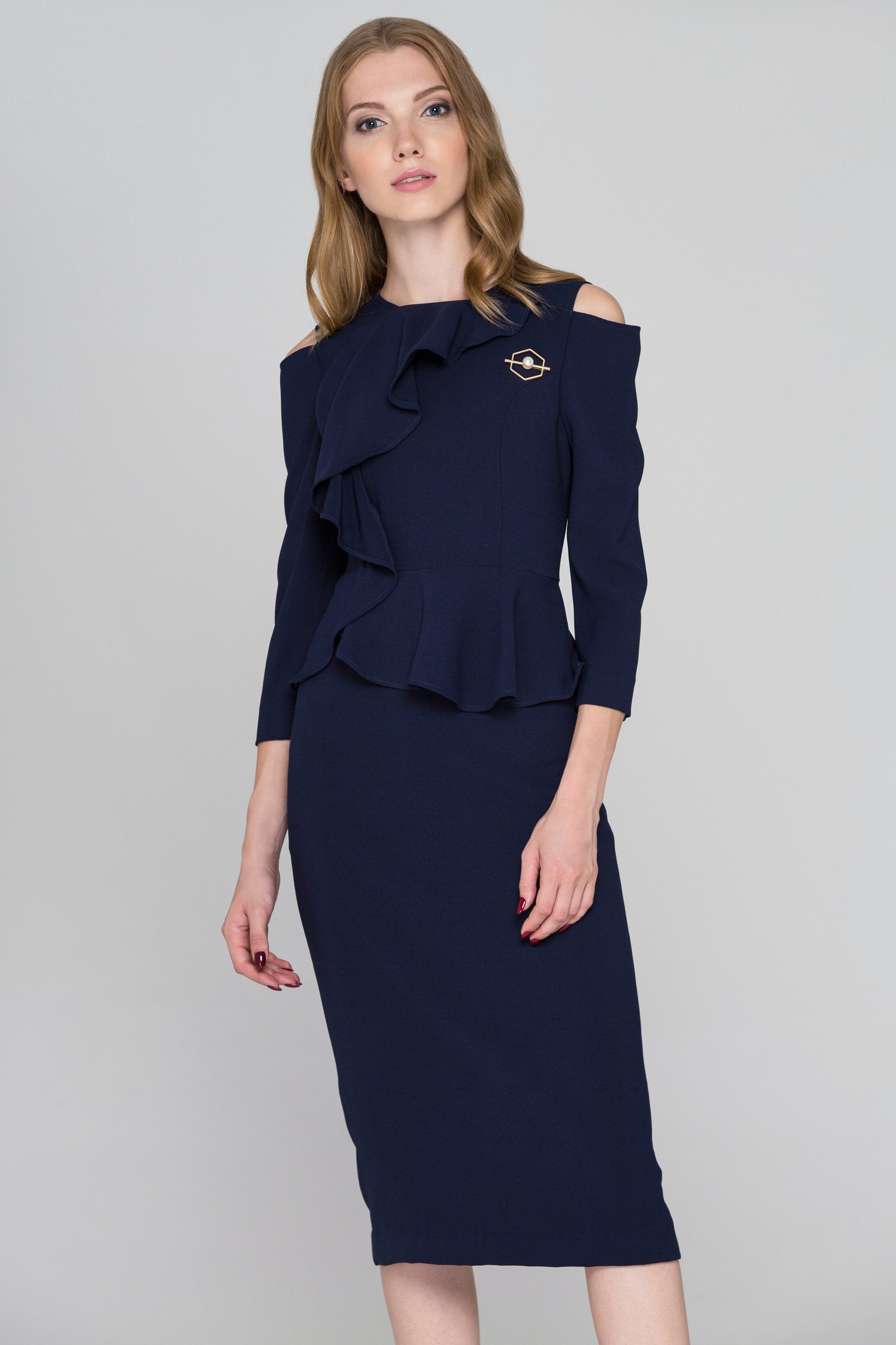 Navy Blue Cold Shoulder Cascade Ruffle Peplum Midi Dress - ownthelooks-Development