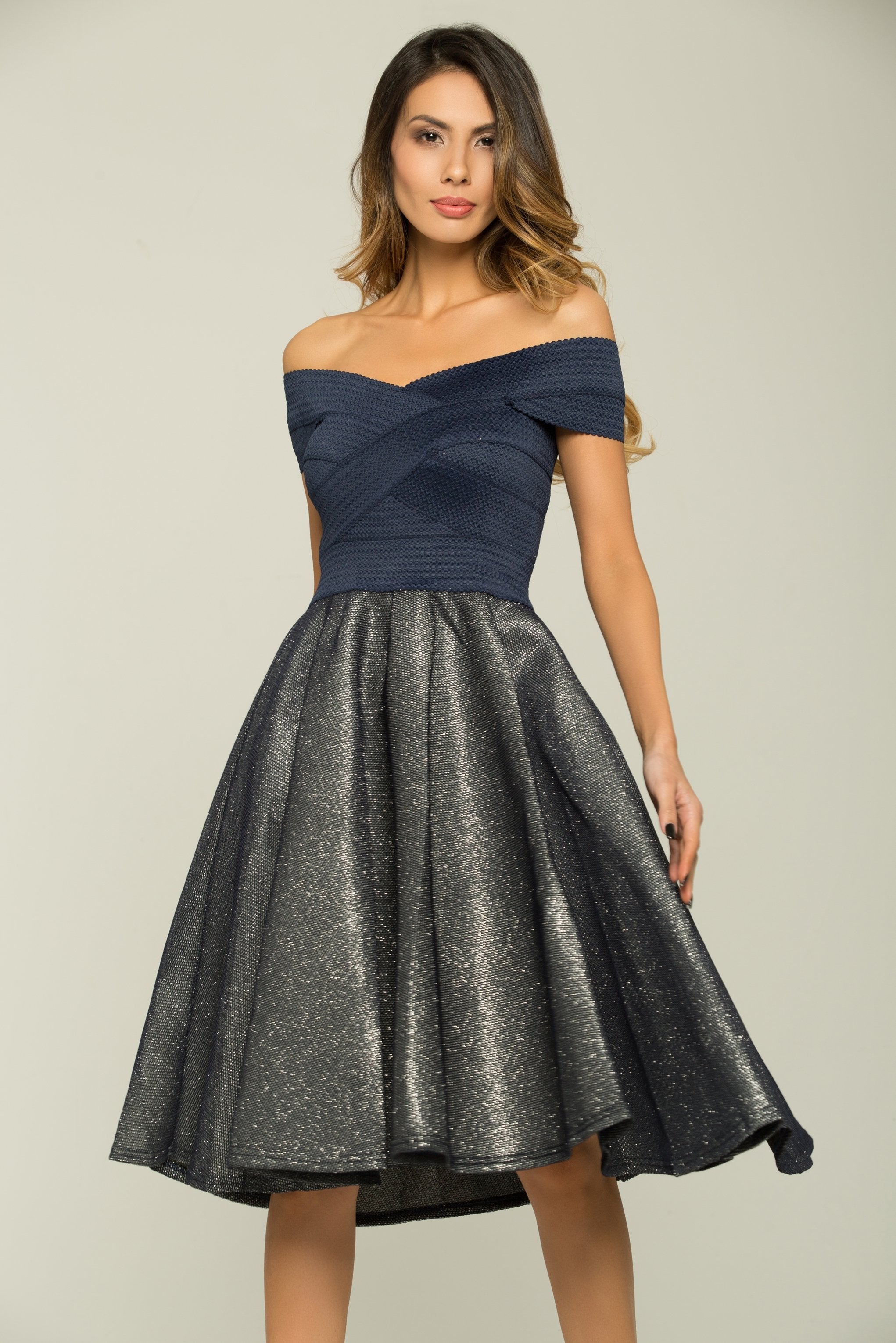 Navy Blue Criss Cross and Grey Shimmer Midi Dress - ownthelooks-Development