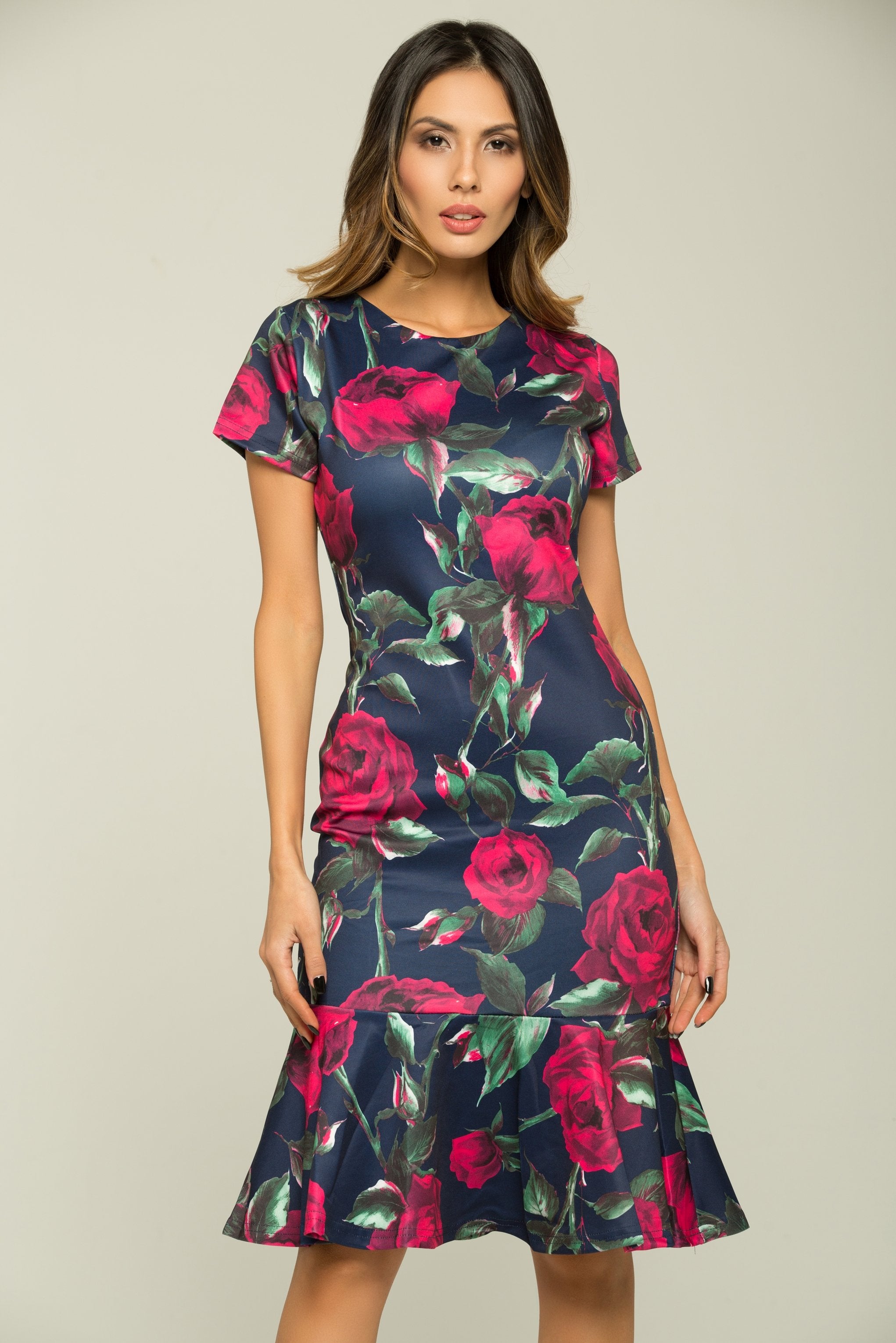 Navy Blue Pink Roses Midi Dress - ownthelooks-Development