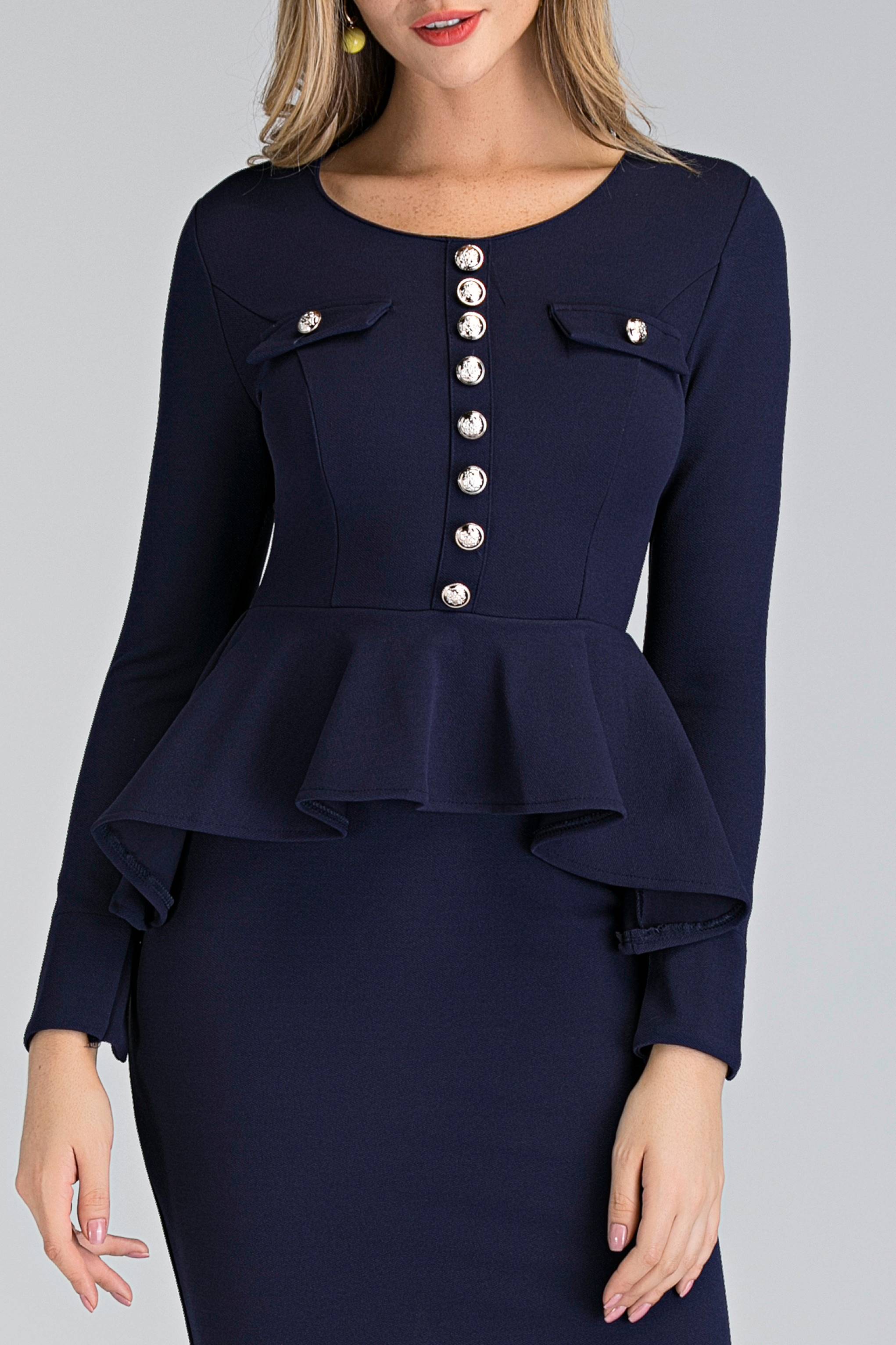 Navy Blue Sleeved Peplum Maxi Sheath Dress - ownthelooks-Development