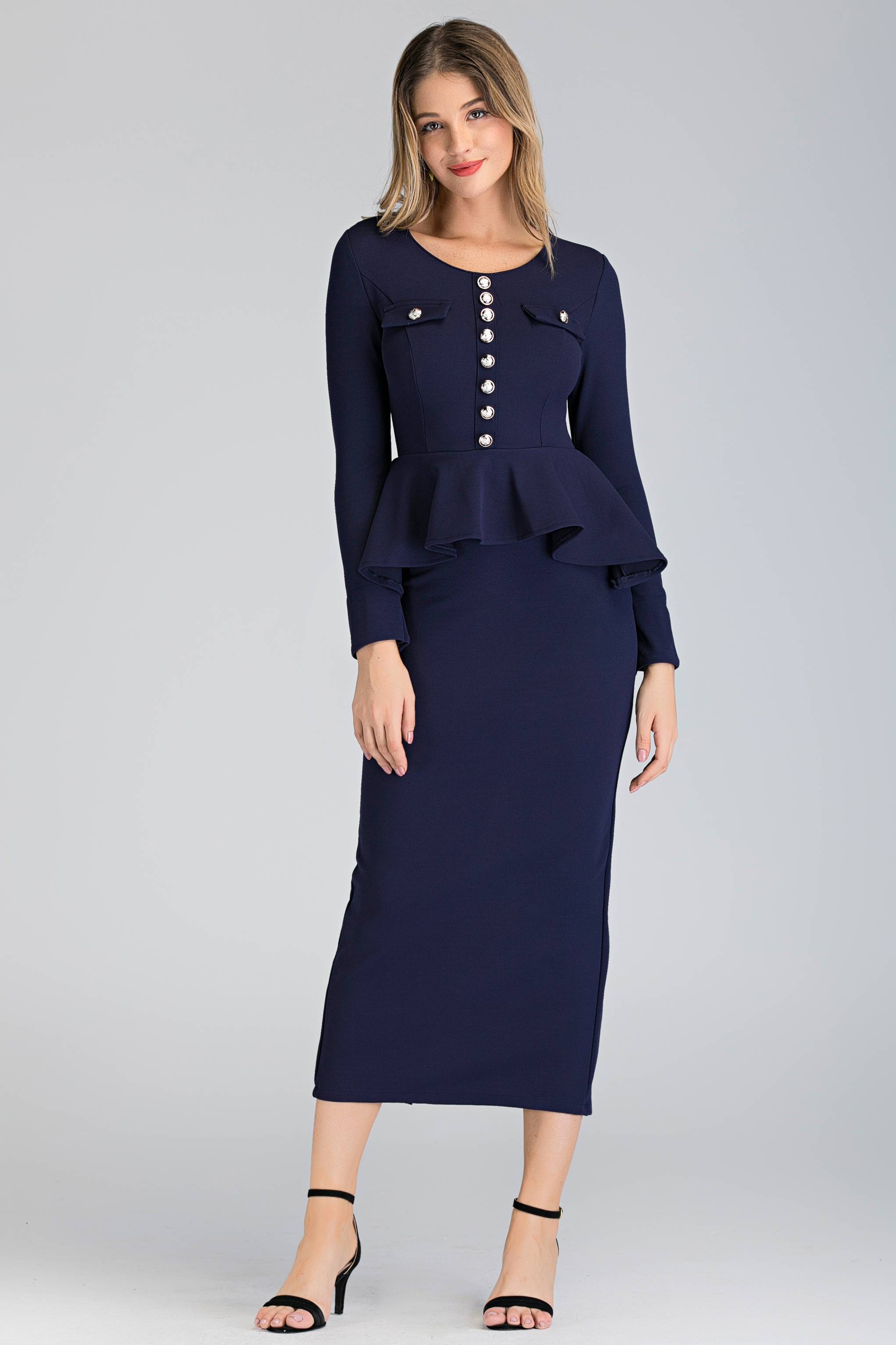 Navy Blue Sleeved Peplum Maxi Sheath Dress - ownthelooks-Development