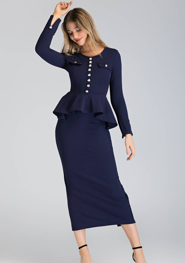 Navy Blue Sleeved Peplum Maxi Sheath Dress - ownthelooks-Development