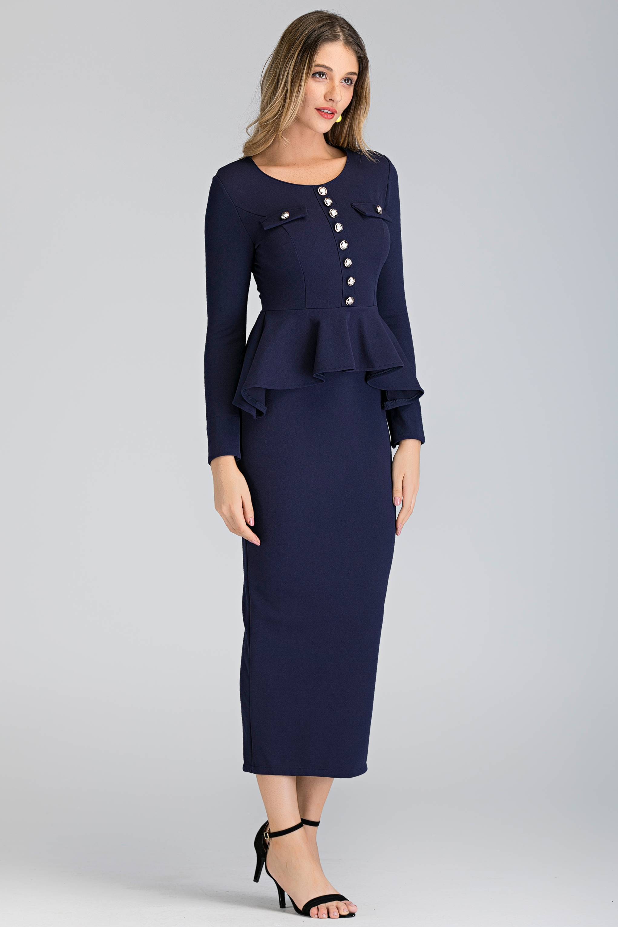 Navy Blue Sleeved Peplum Maxi Sheath Dress - ownthelooks-Development