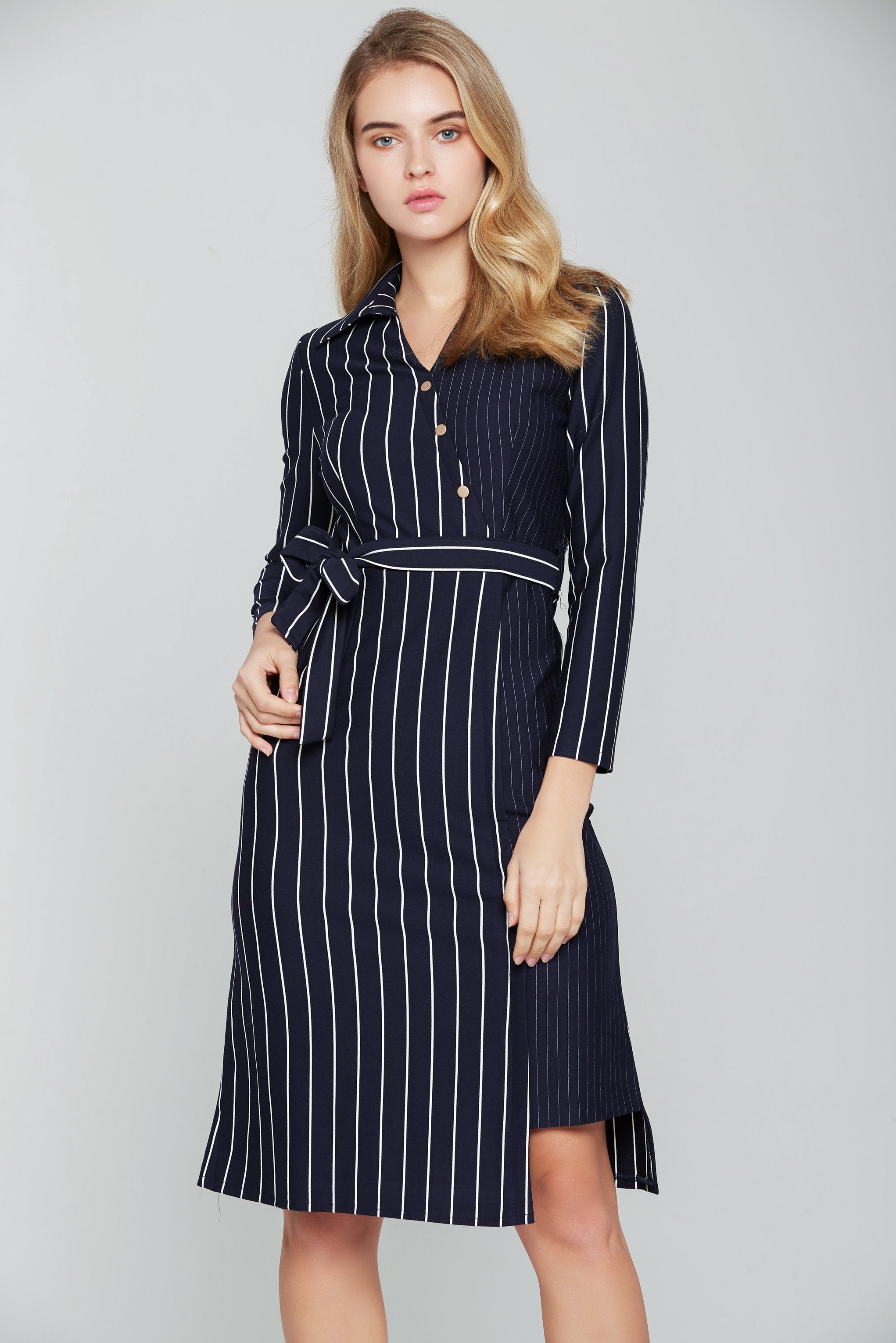 Navy Blue and White Stripes Full Sleeves Midi Dress - ownthelooks-Development