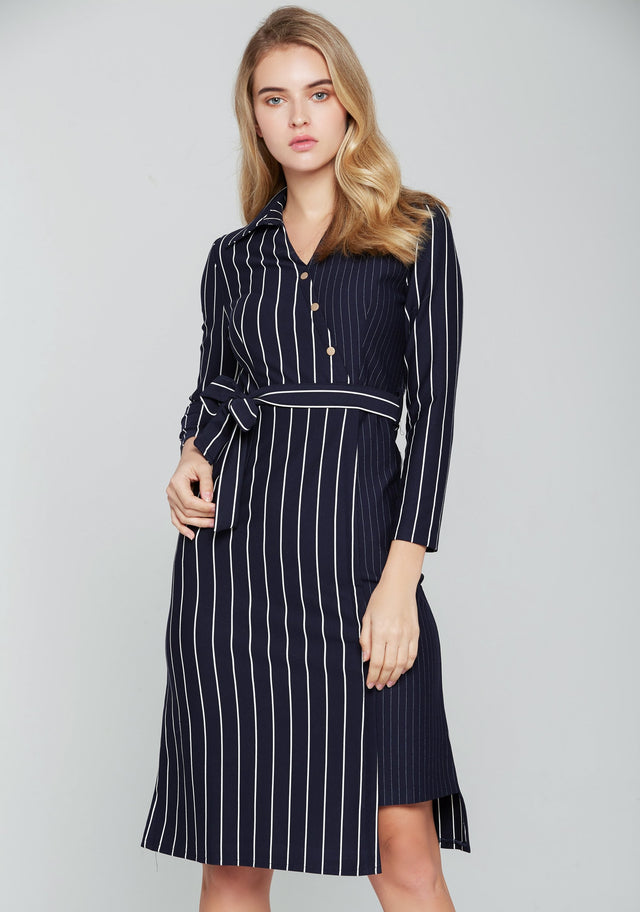 Navy Blue and White Stripes Full Sleeves Midi Dress - ownthelooks-Development