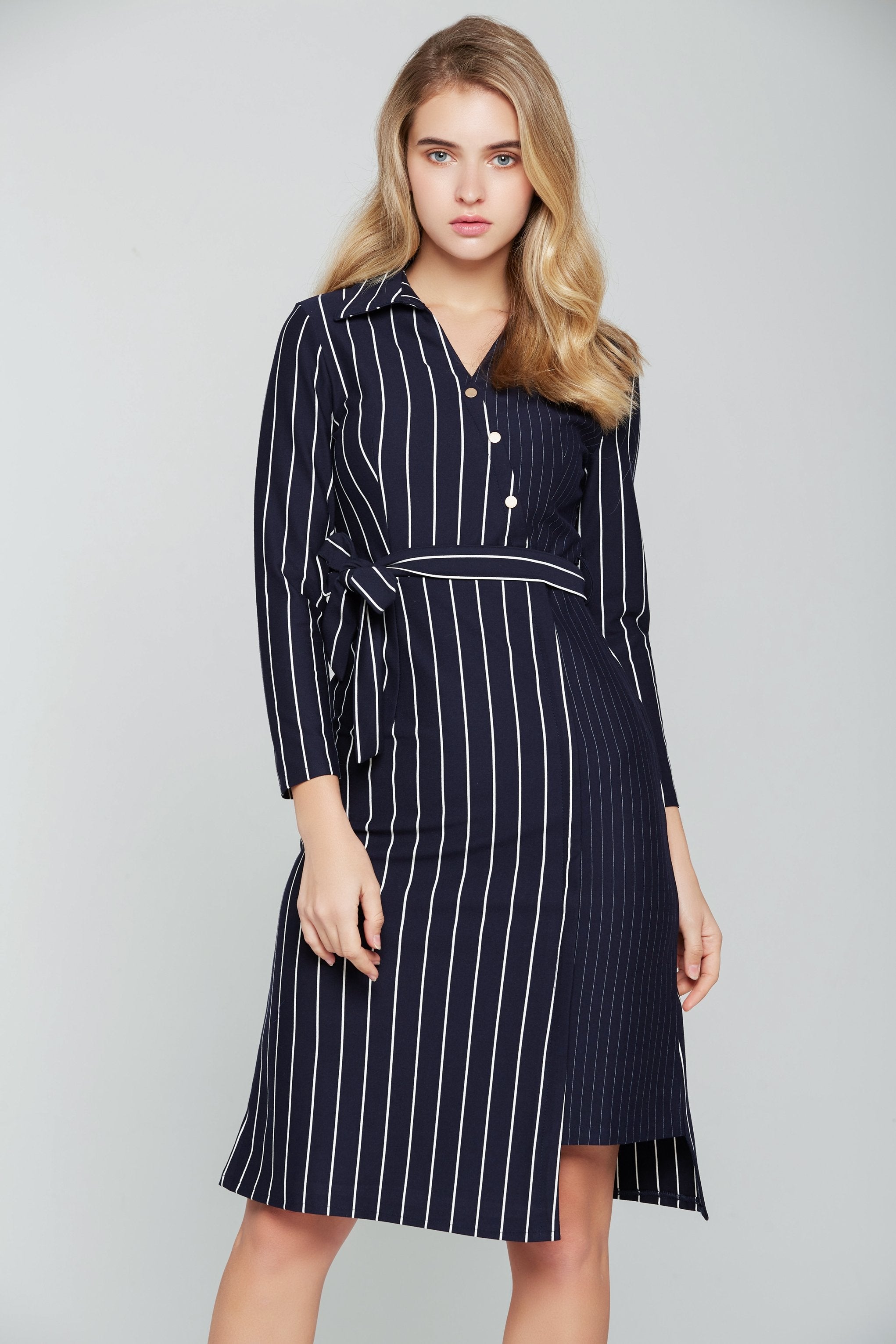 Navy Blue and White Stripes Full Sleeves Midi Dress - ownthelooks-Development