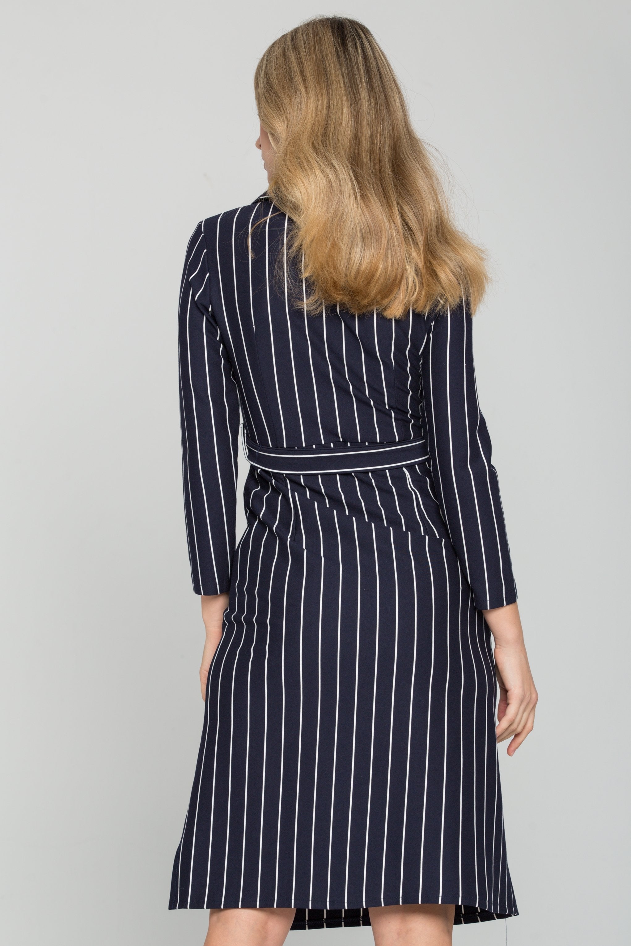 Navy Blue and White Stripes Full Sleeves Midi Dress - ownthelooks-Development