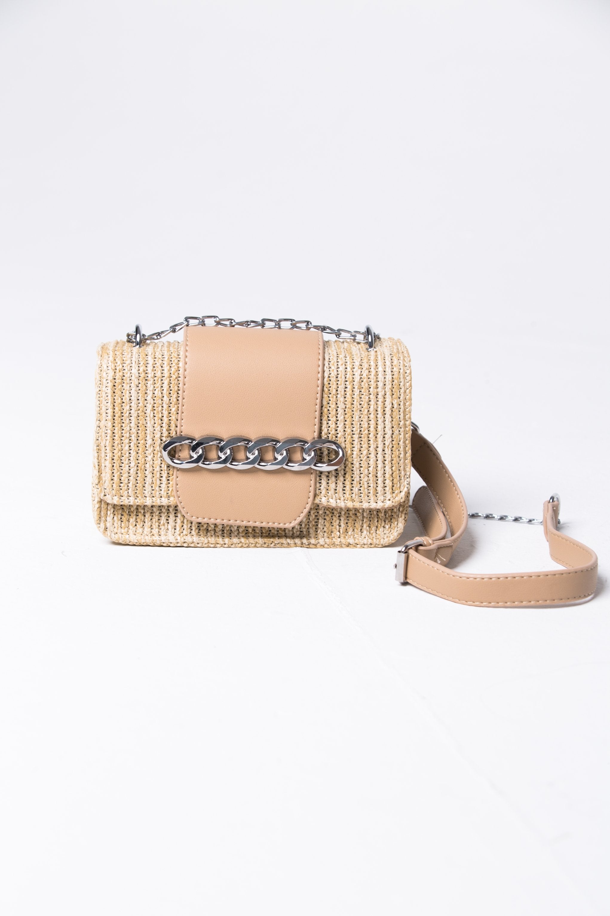 Nude Chain Detail Flap Straw Satchel - ownthelooks-Development
