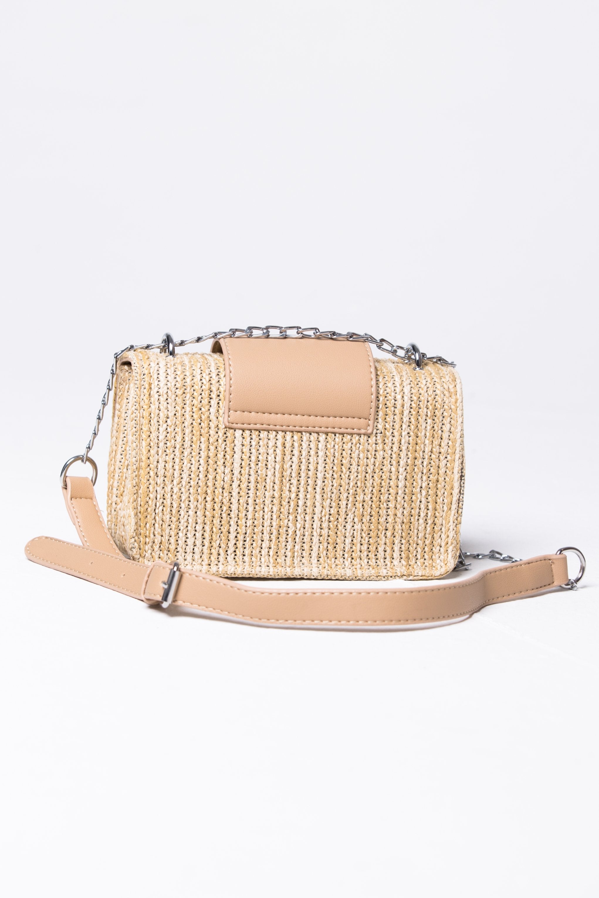 Nude Chain Detail Flap Straw Satchel - ownthelooks-Development