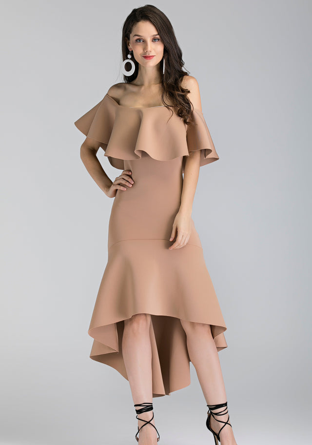 Nude Iris Ruffled Bardot Mullet Dress - ownthelooks-Development
