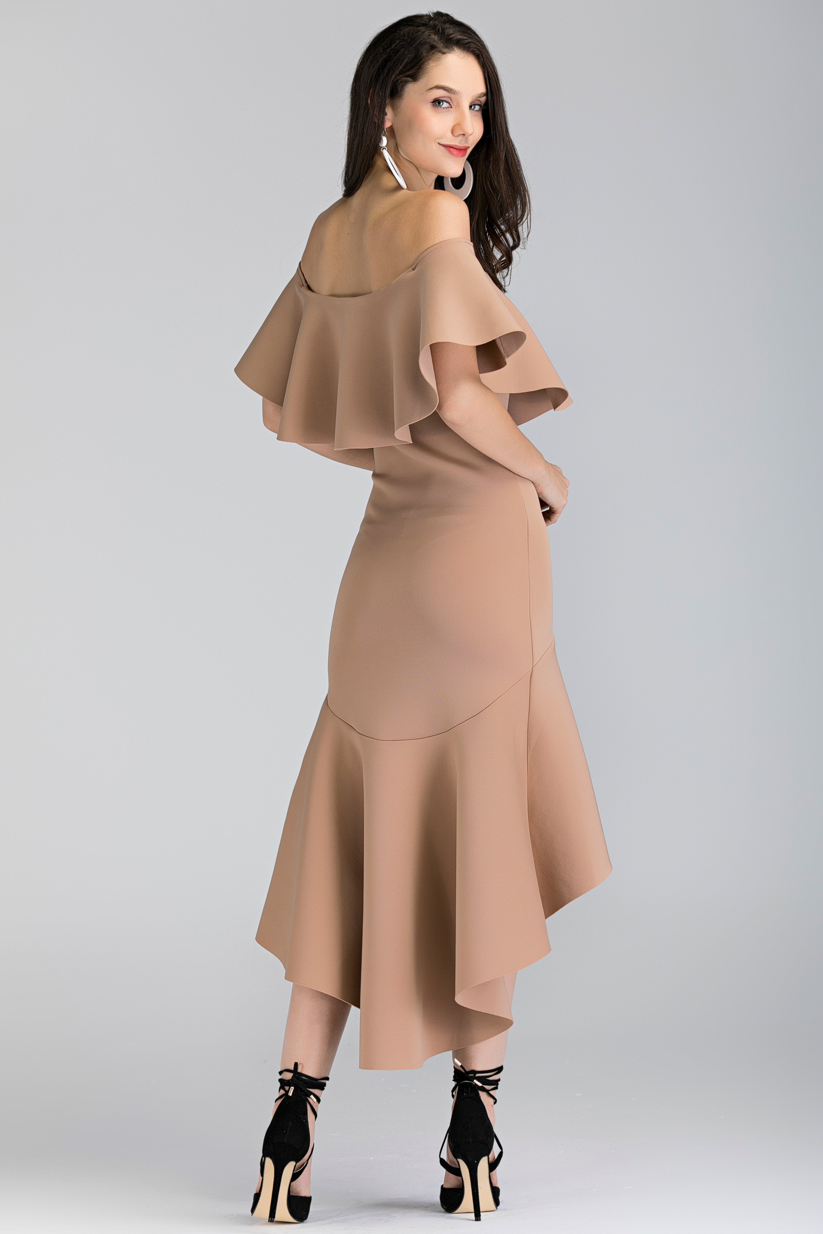 Nude Iris Ruffled Bardot Mullet Dress - ownthelooks-Development