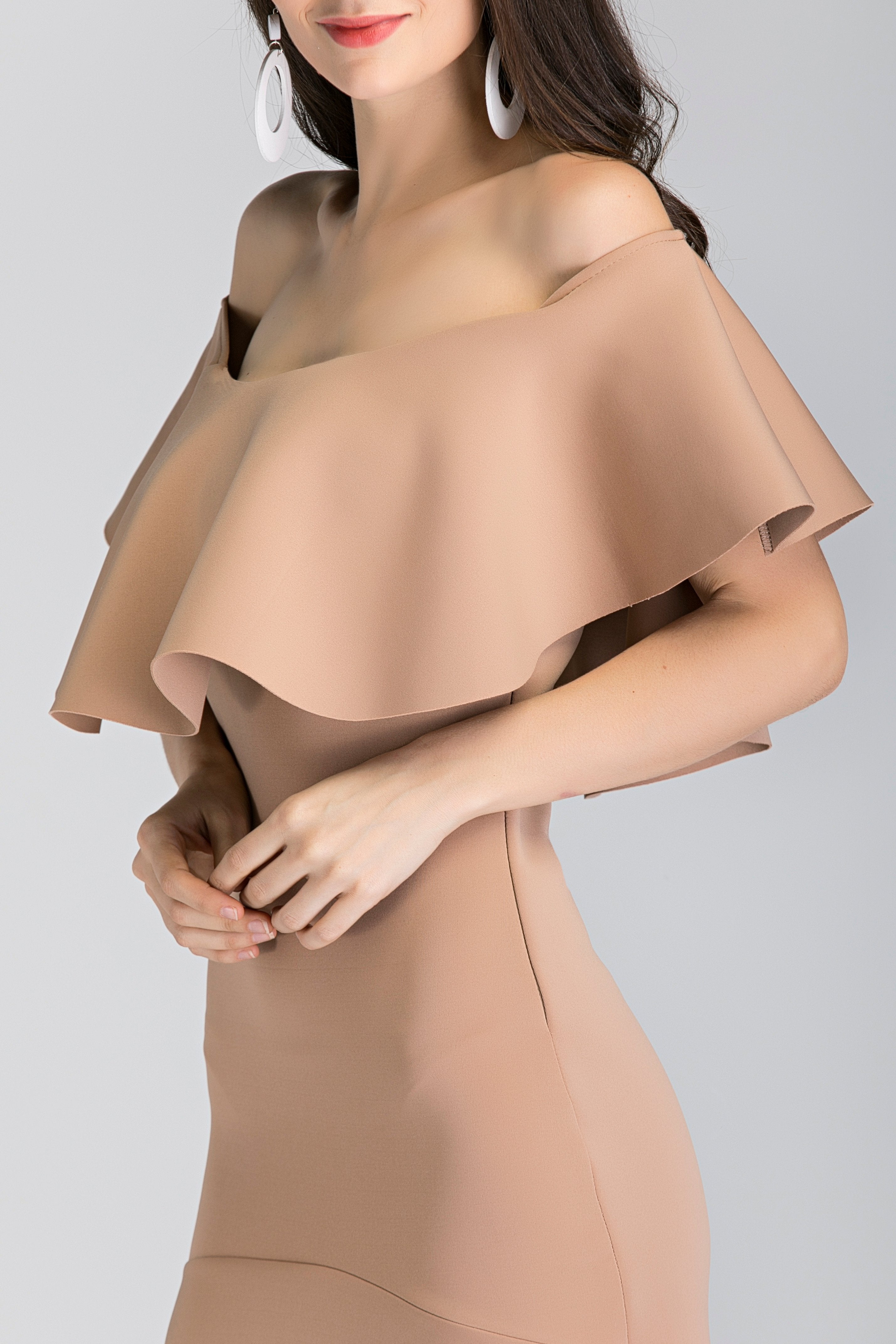 Nude Iris Ruffled Bardot Mullet Dress - ownthelooks-Development