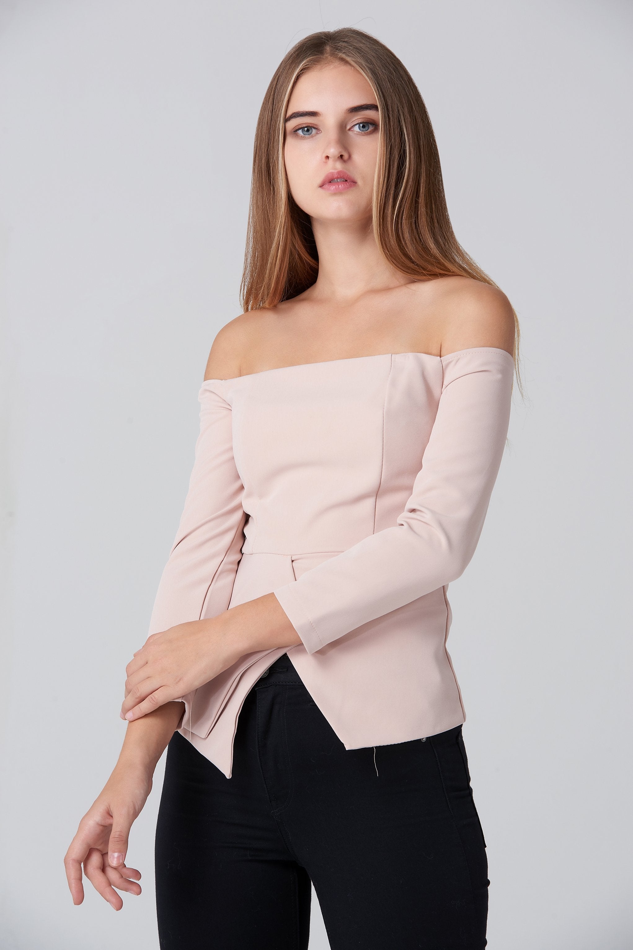 Nude Off Shoulder Flare Hem Top - ownthelooks-Development
