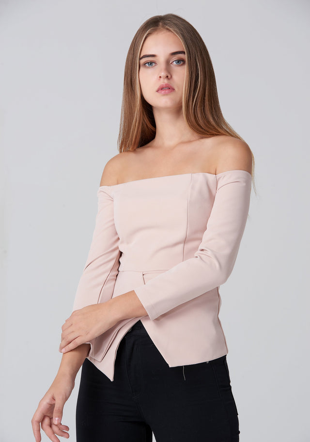 Nude Off Shoulder Flare Hem Top - ownthelooks-Development