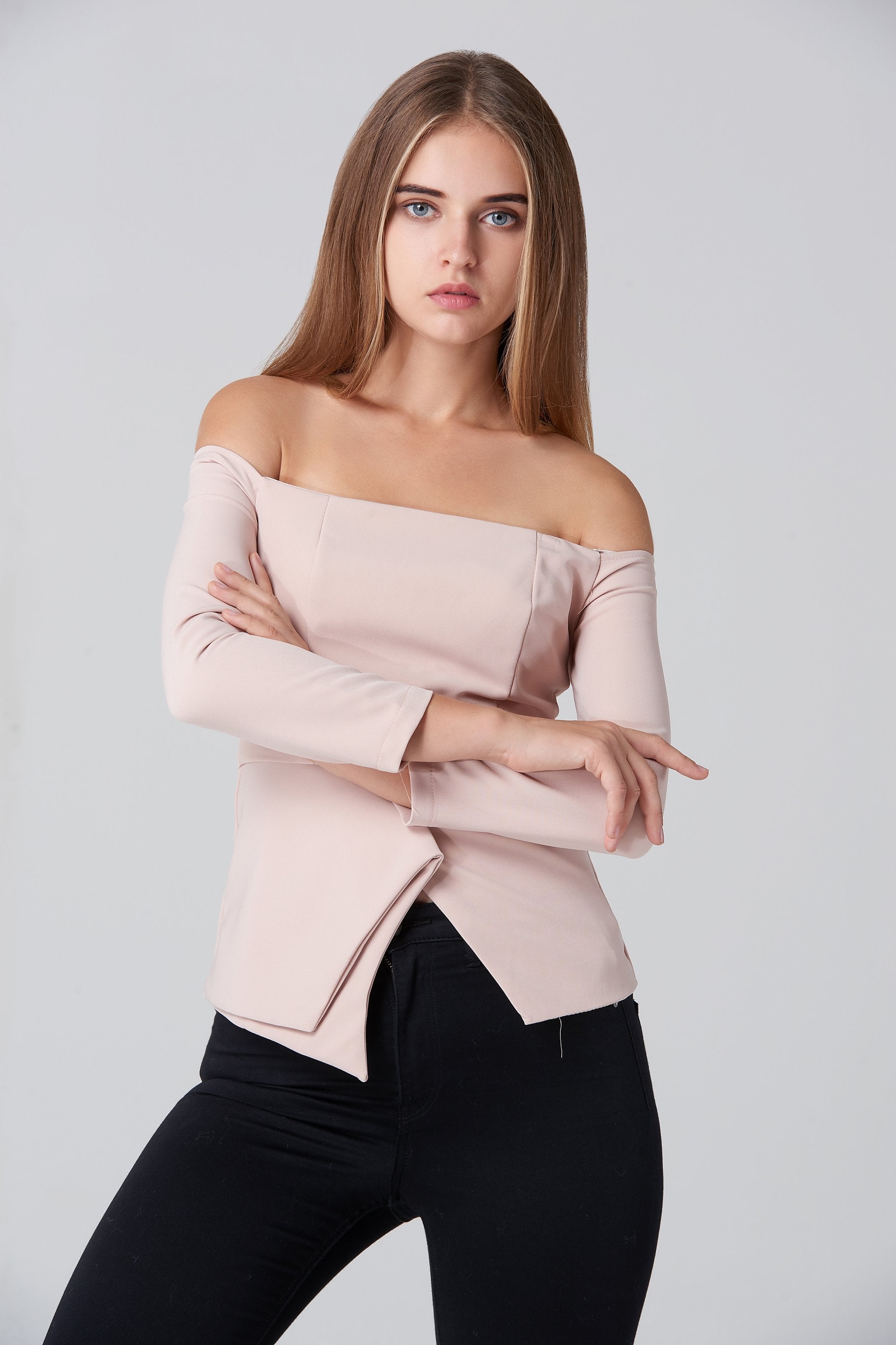 Nude Off Shoulder Flare Hem Top - ownthelooks-Development