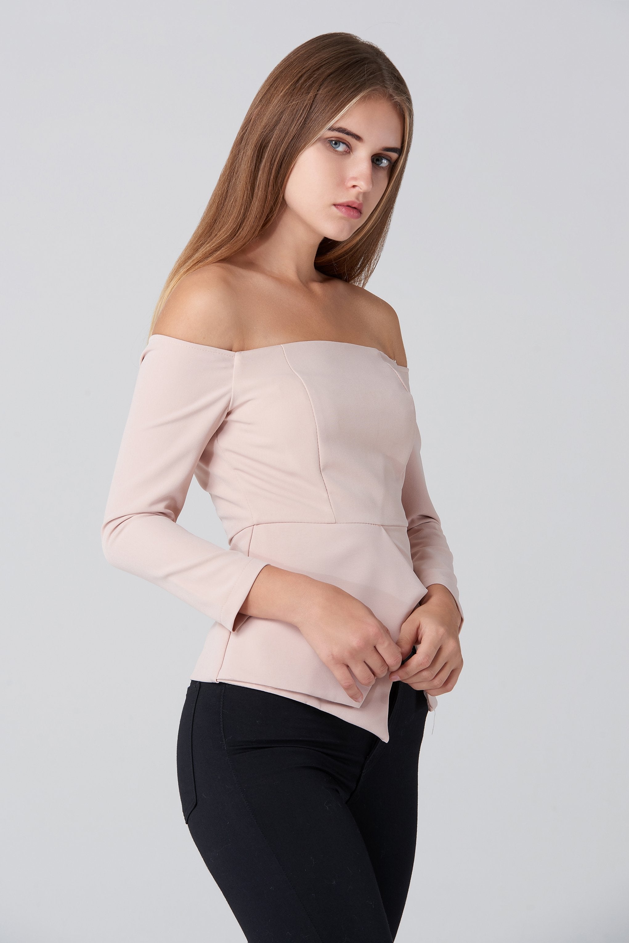 Nude Off Shoulder Flare Hem Top - ownthelooks-Development