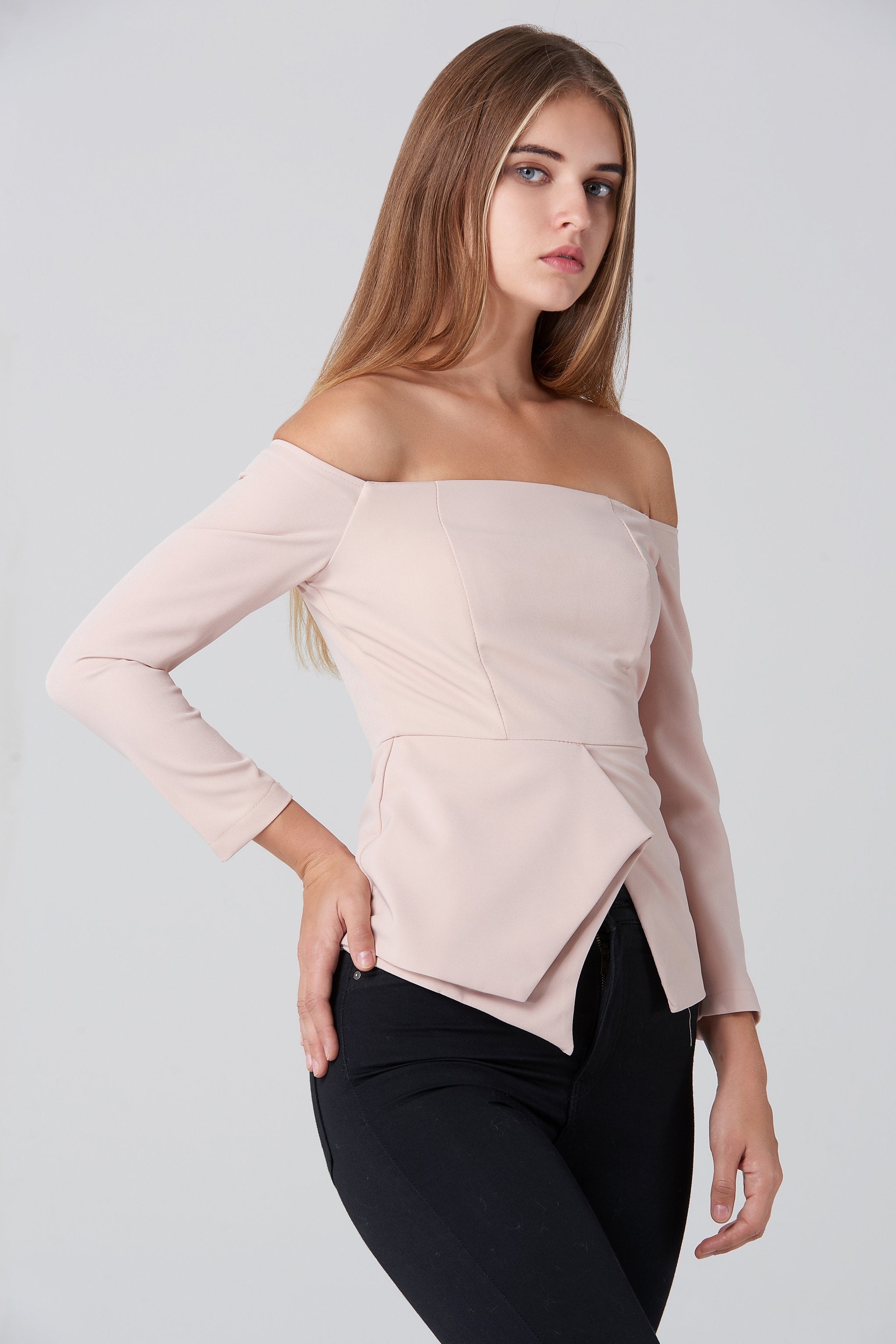Nude Off Shoulder Flare Hem Top - ownthelooks-Development